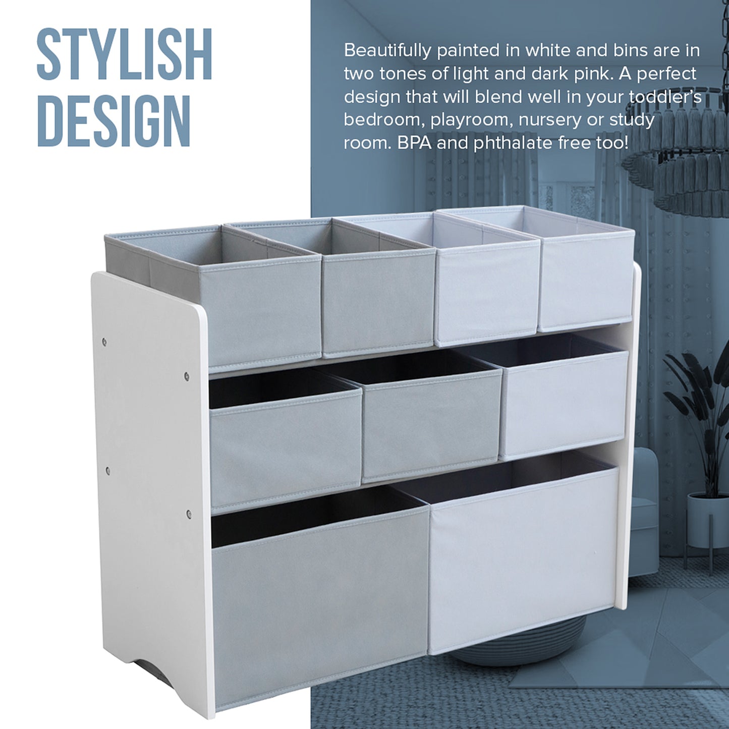 Organizzatore per giocattoli, scaffale per cameretta dei bambini, mobiletto, sezione con contenitori portaoggetti - Bianco, Grigio