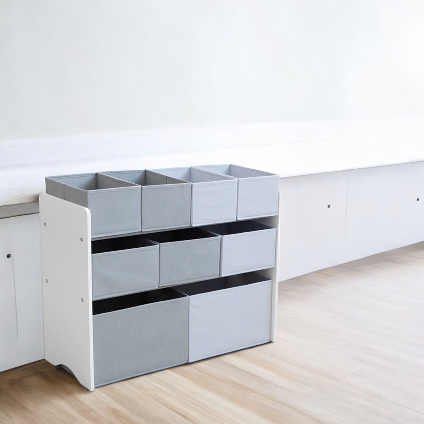 Organizzatore per giocattoli, scaffale per cameretta dei bambini, mobiletto, sezione con contenitori portaoggetti - Bianco, Grigio