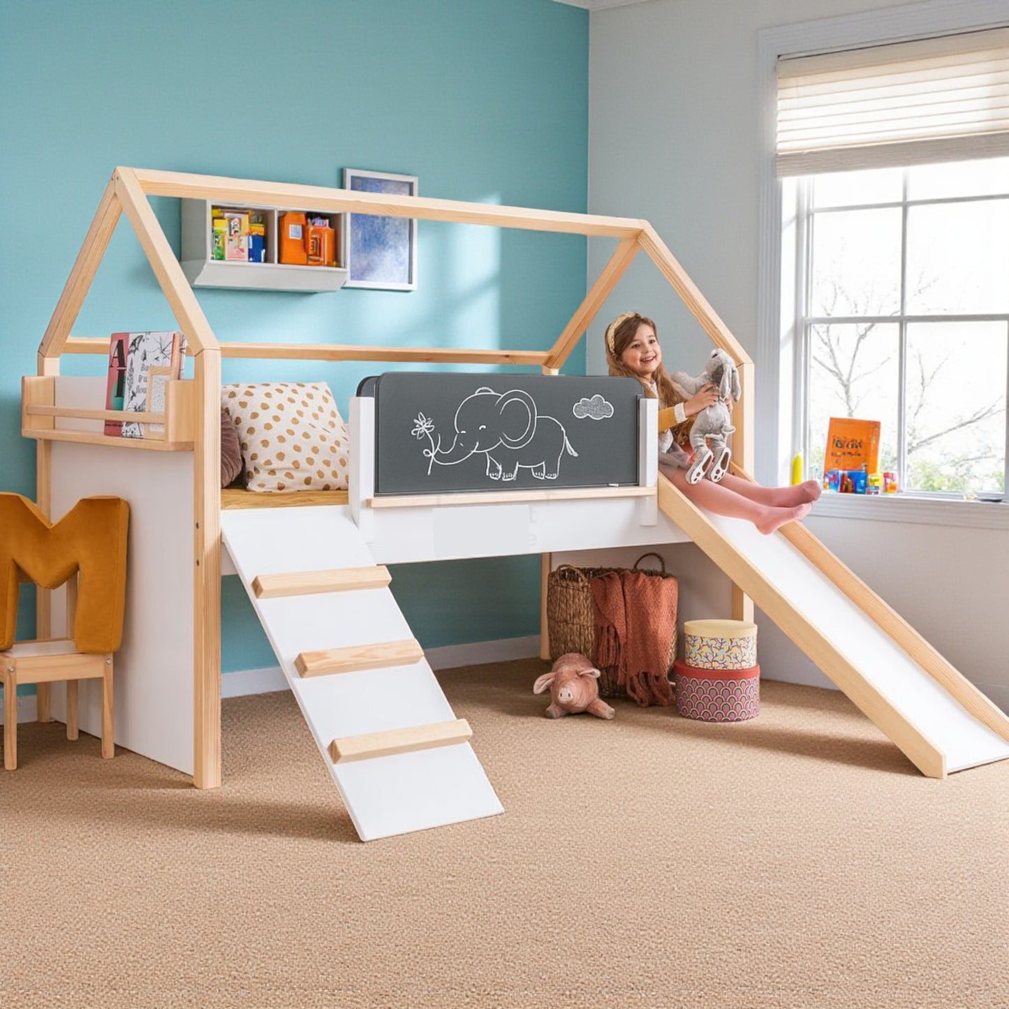 Letto a casetta per bambini GINGER HOME, Montessori, a due piani, scivolo, lavagna, rete per materasso 90x200 cm