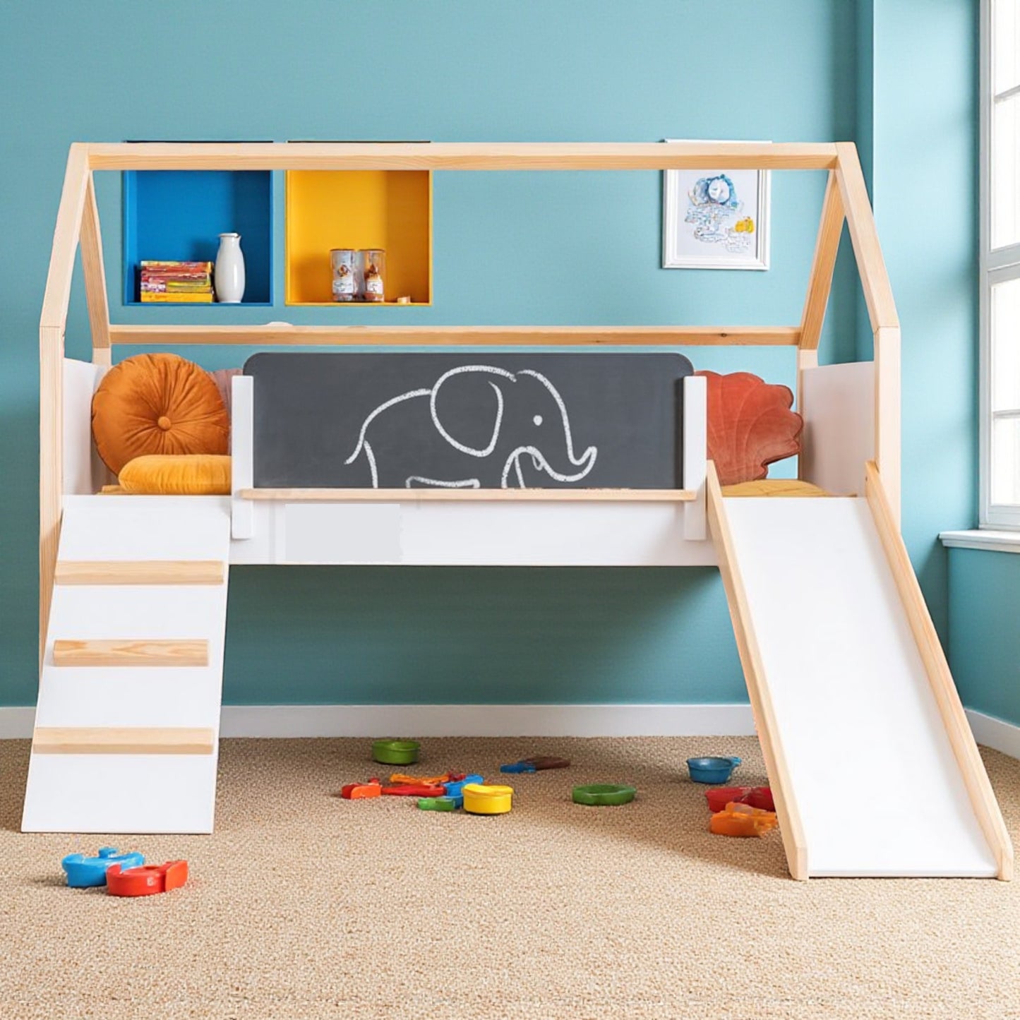 Letto a casetta per bambini GINGER HOME, Montessori, a due piani, scivolo, lavagna, rete per materasso 90x200 cm