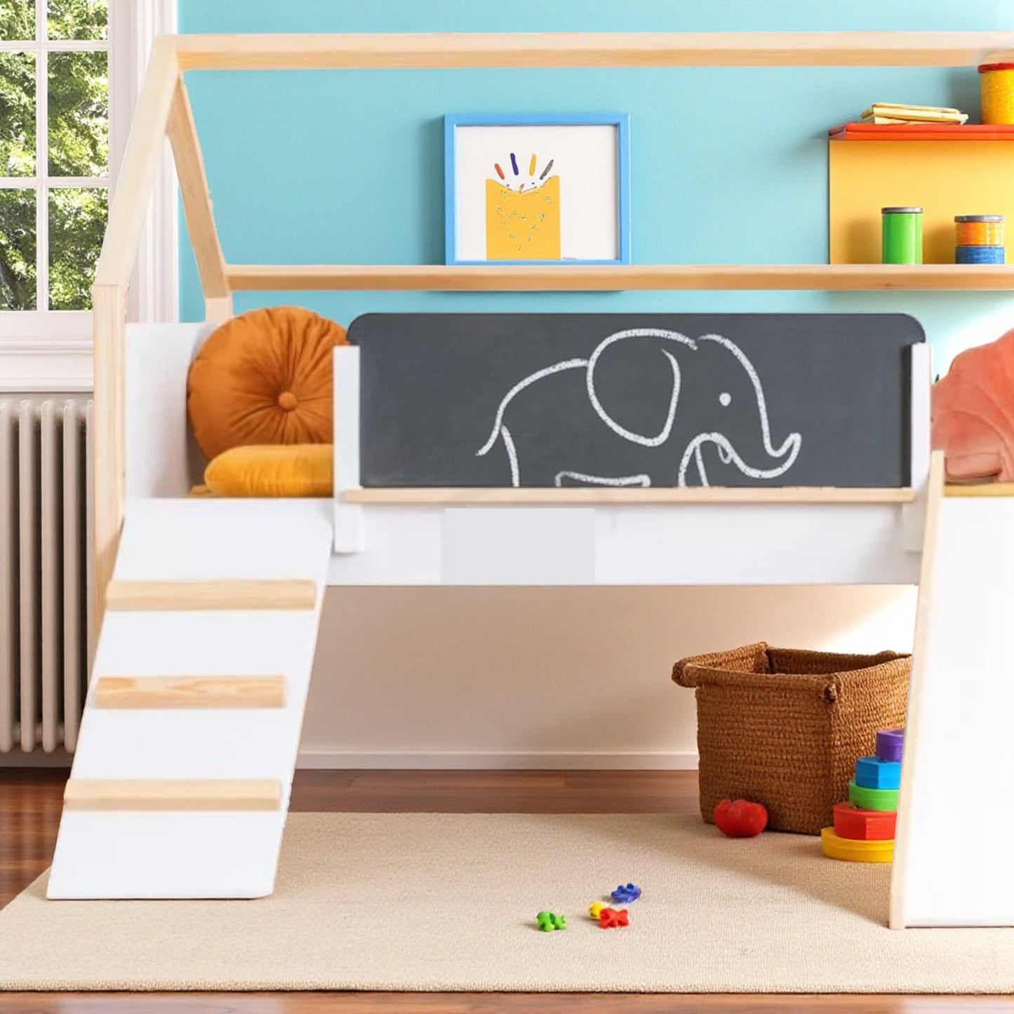 Letto a casetta per bambini GINGER HOME, Montessori, a due piani, scivolo, lavagna, rete per materasso 90x200 cm