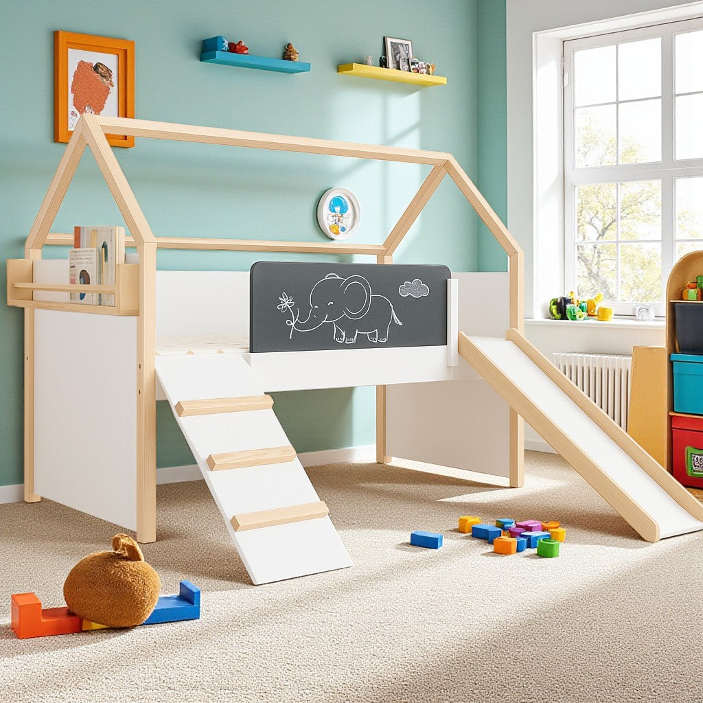 Letto a casetta per bambini GINGER HOME, Montessori, a due piani, scivolo, lavagna, rete per materasso 90x200 cm
