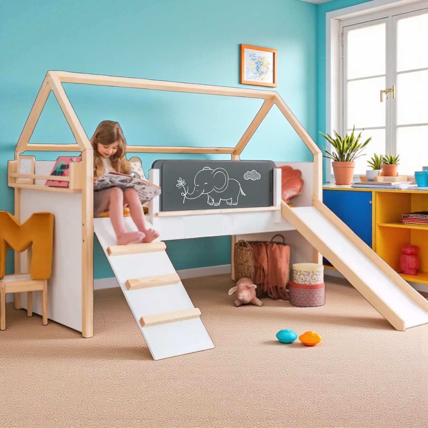 Letto a casetta per bambini GINGER HOME, Montessori, a due piani, scivolo, lavagna, rete per materasso 90x200 cm