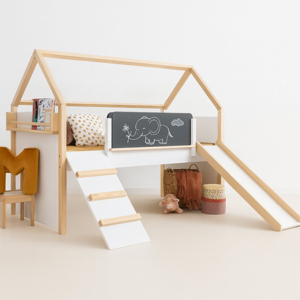 Letto a casetta per bambini GINGER HOME, Montessori, a due piani, scivolo, lavagna, rete per materasso 90x200 cm