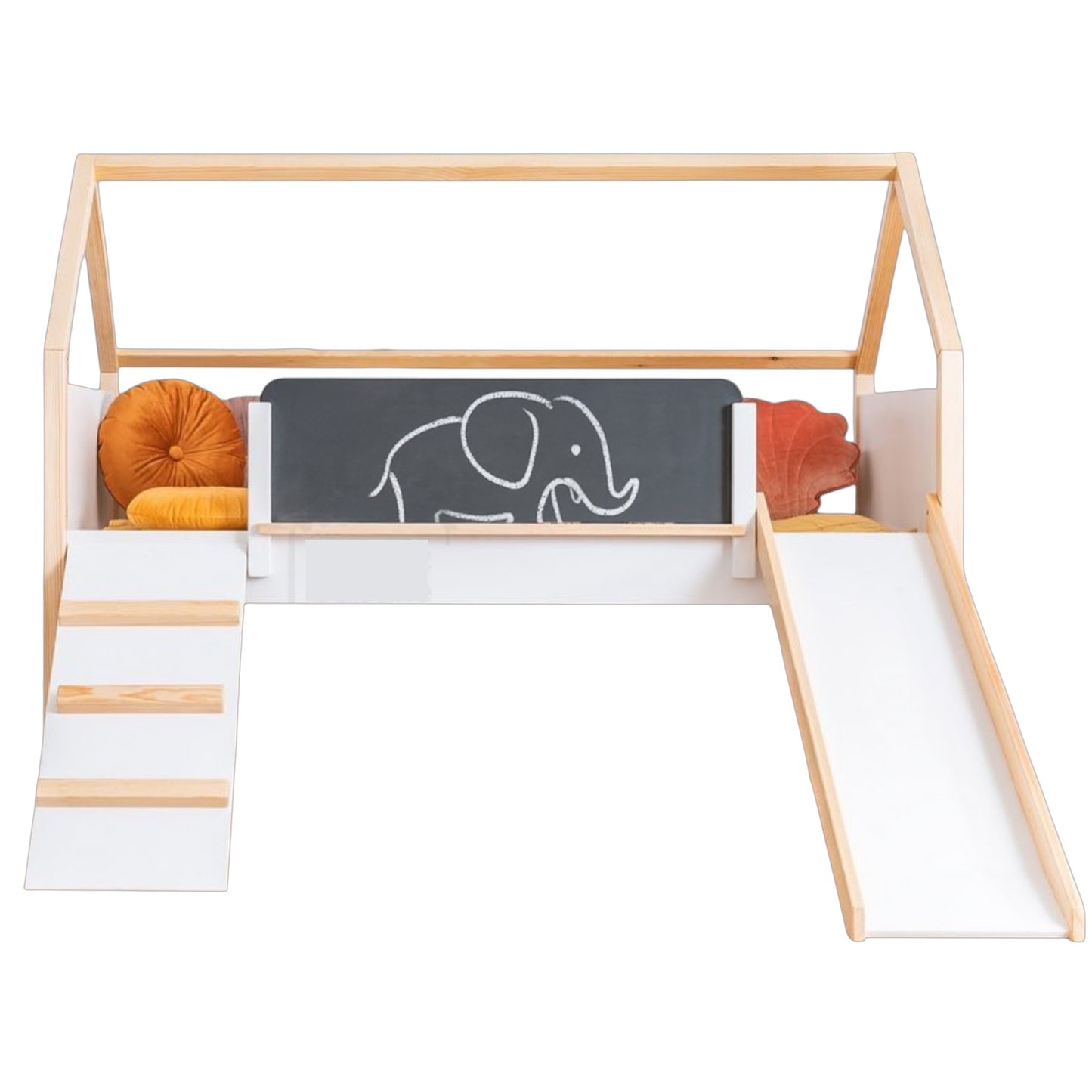 Letto a casetta per bambini GINGER HOME, Montessori, a due piani, scivolo, lavagna, rete per materasso 90x200 cm