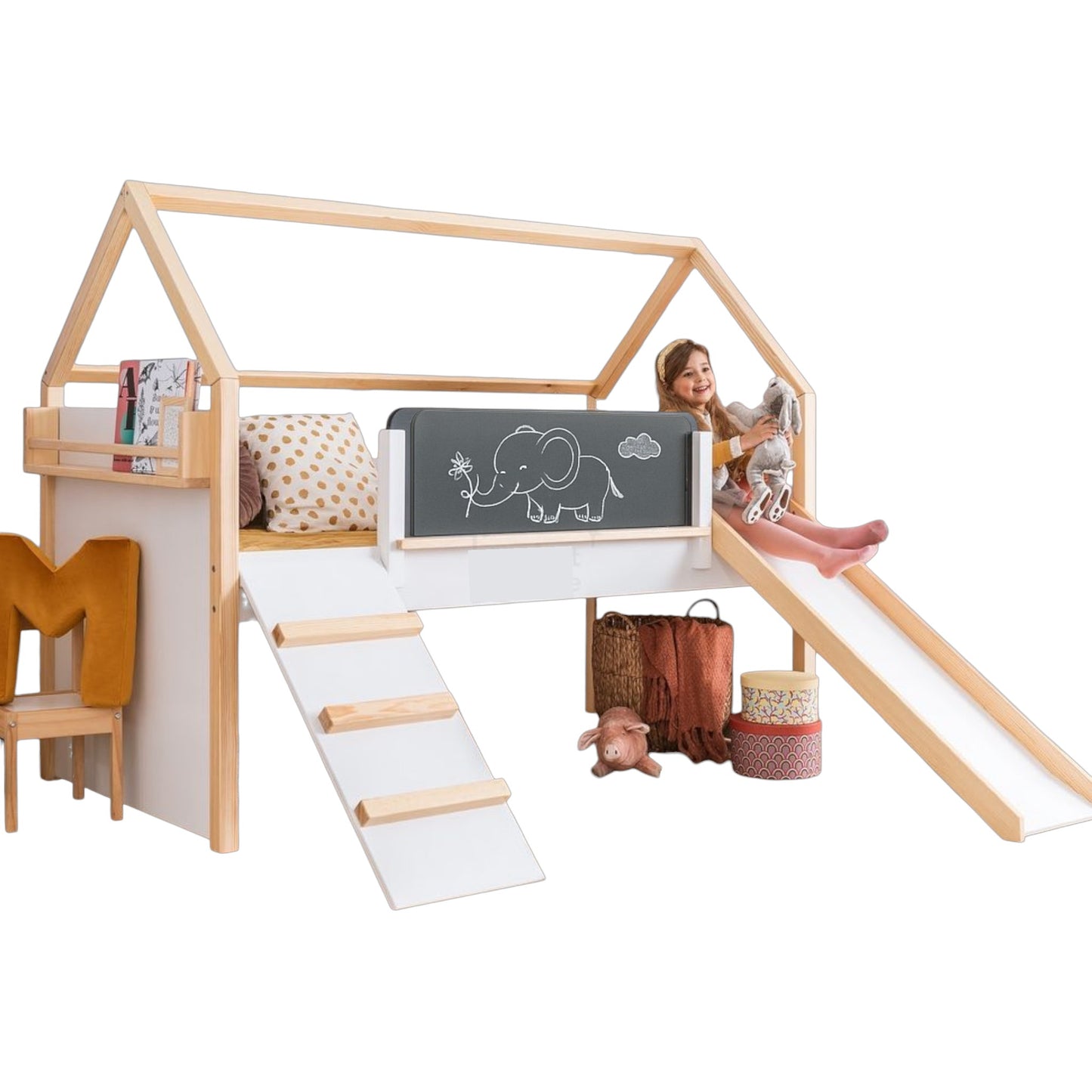 Letto a casetta per bambini GINGER HOME, Montessori, a due piani, scivolo, lavagna, rete per materasso 90x200 cm