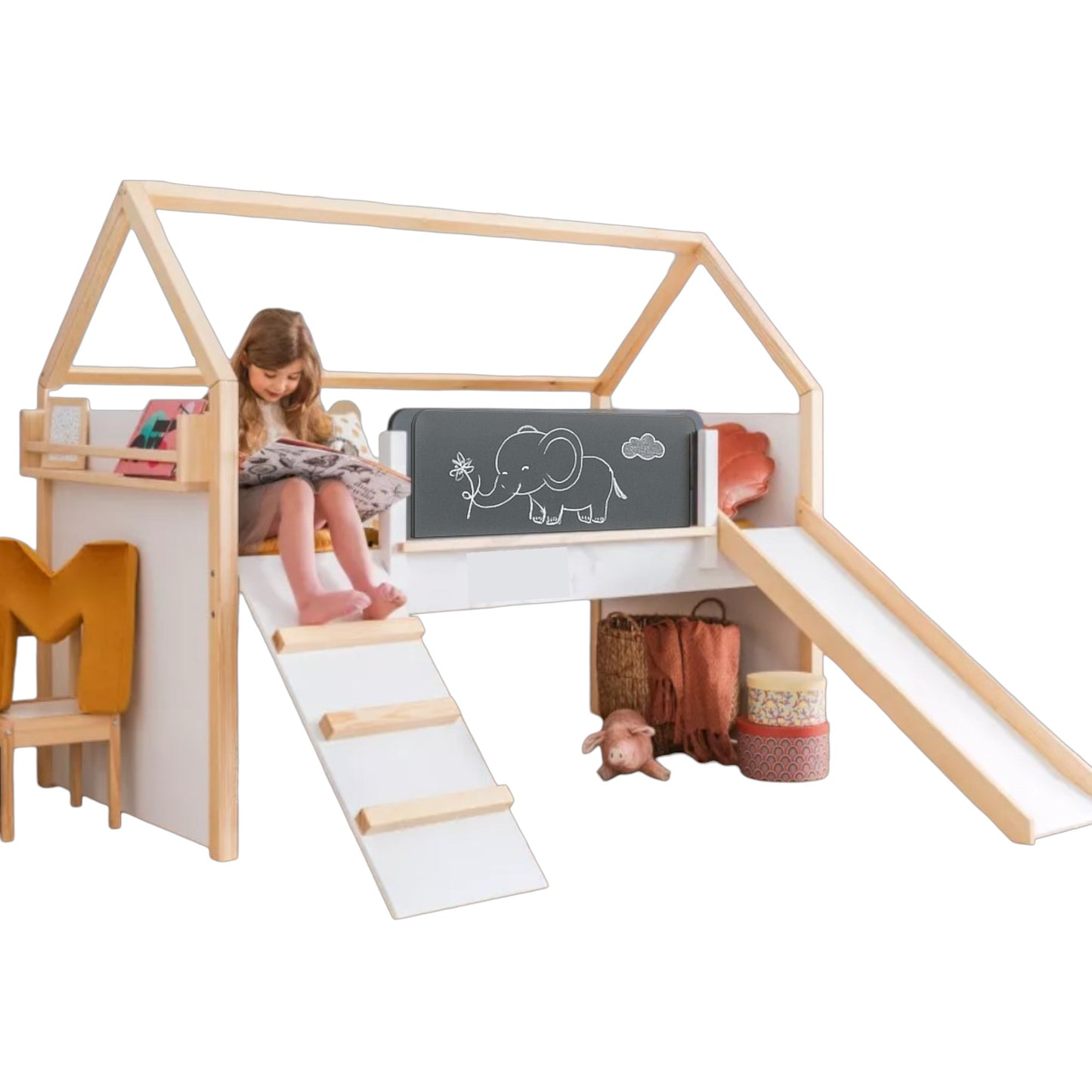 Letto a casetta per bambini GINGER HOME, Montessori, a due piani, scivolo, lavagna, rete per materasso 90x200 cm