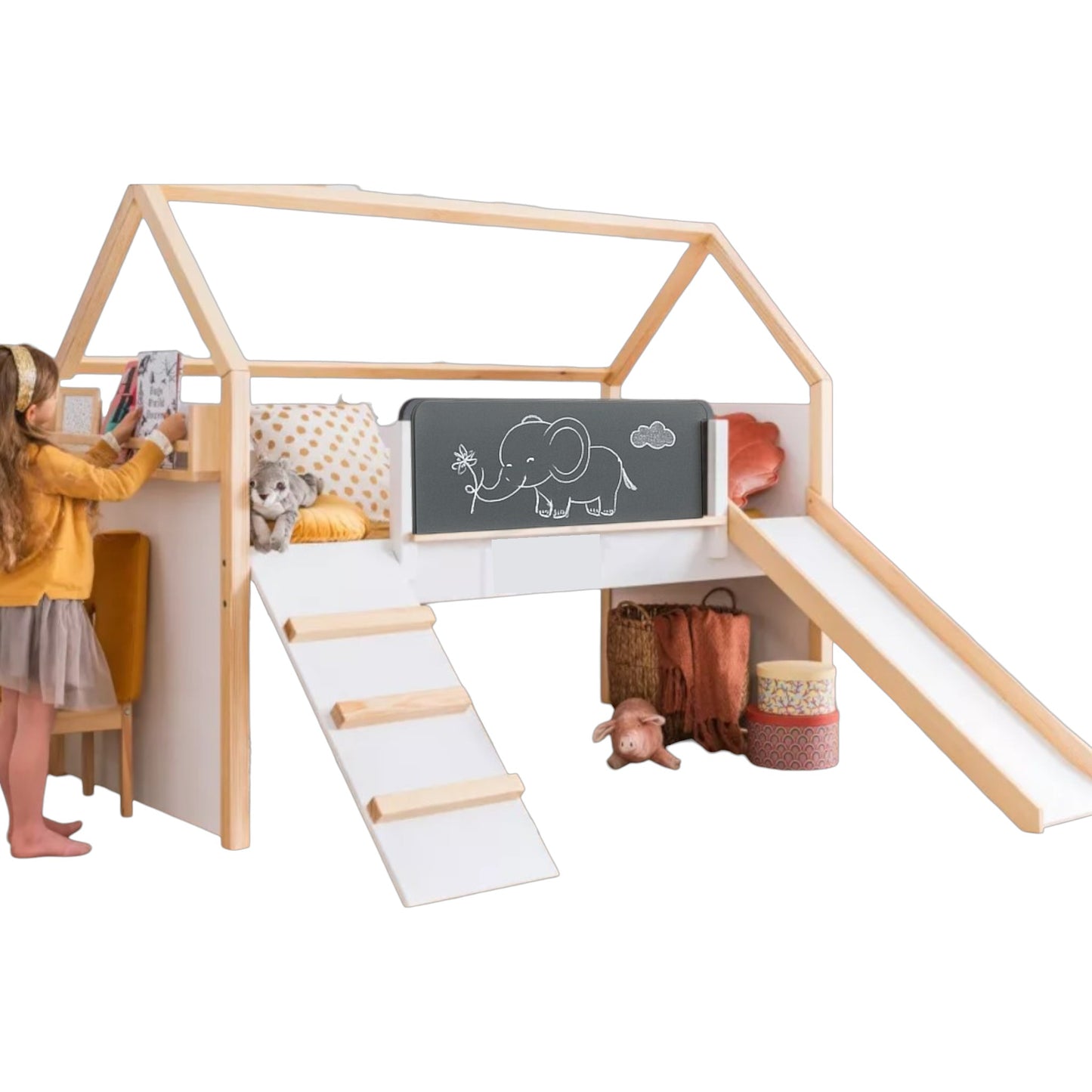 Letto a casetta per bambini GINGER HOME, Montessori, a due piani, scivolo, lavagna, rete per materasso 90x200 cm