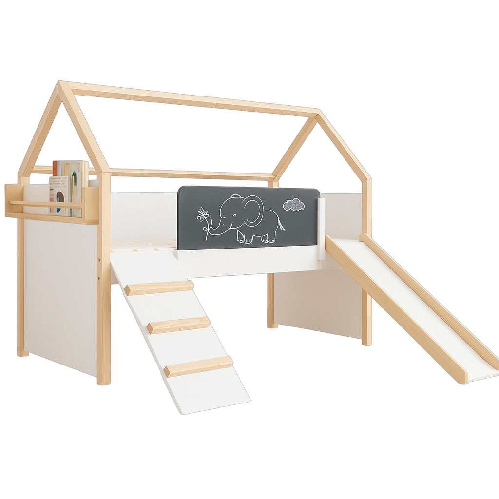 Letto a casetta per bambini GINGER HOME, Montessori, a due piani, scivolo, lavagna, rete per materasso 90x200 cm