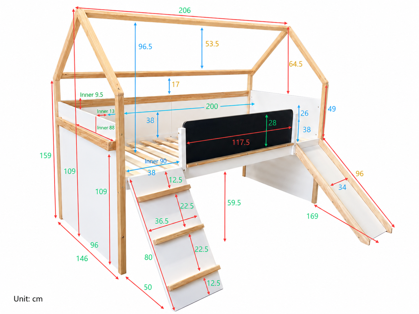 Letto a Castello per Bambini GINGER HOME Montessori – Letto Casetta con Scivolo, Lavagna e Rete a Doghe 90×200 cm