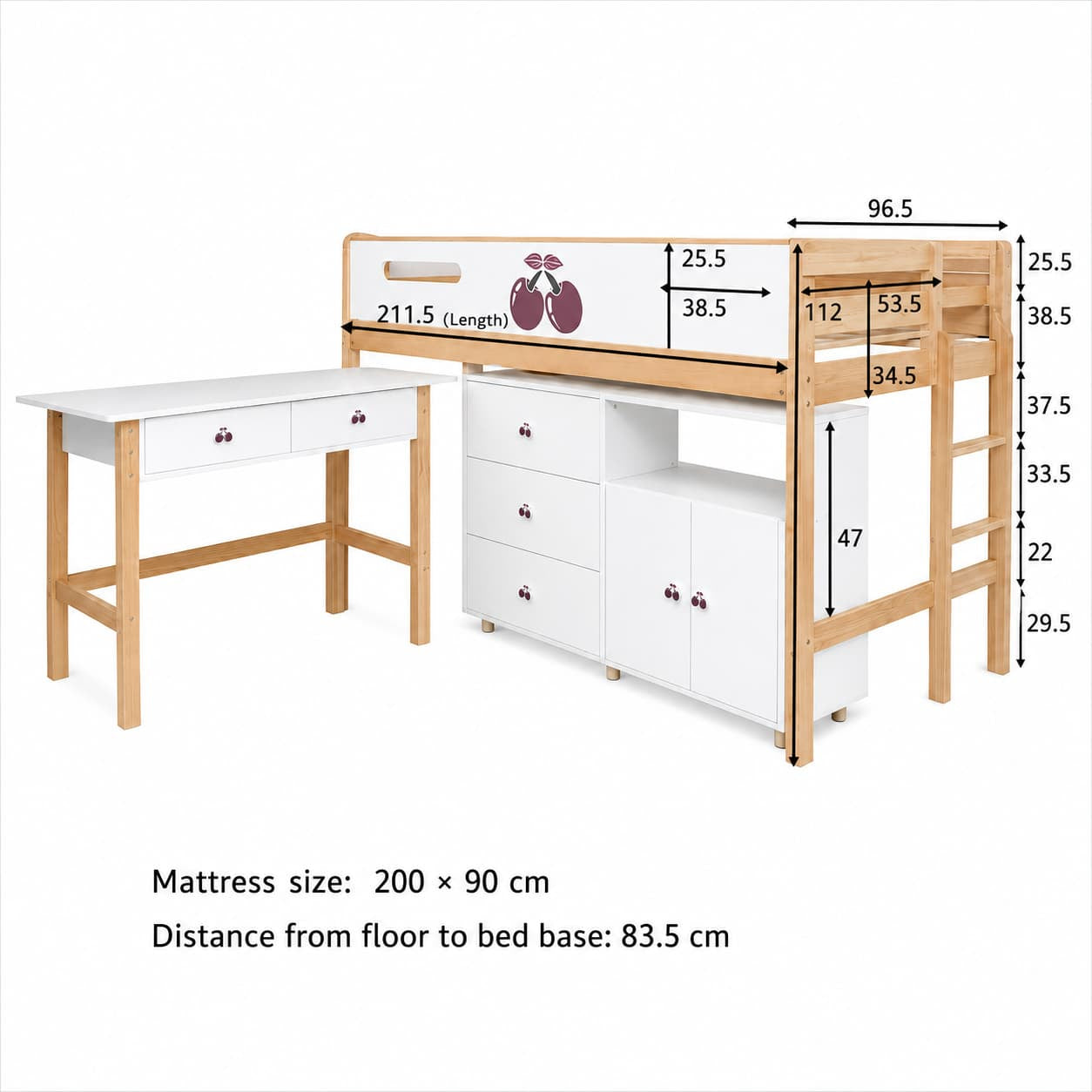 Размери на детско комбинирано легло GINGER HOME CHERRY с бюро, скрин и шкаф SRK-57