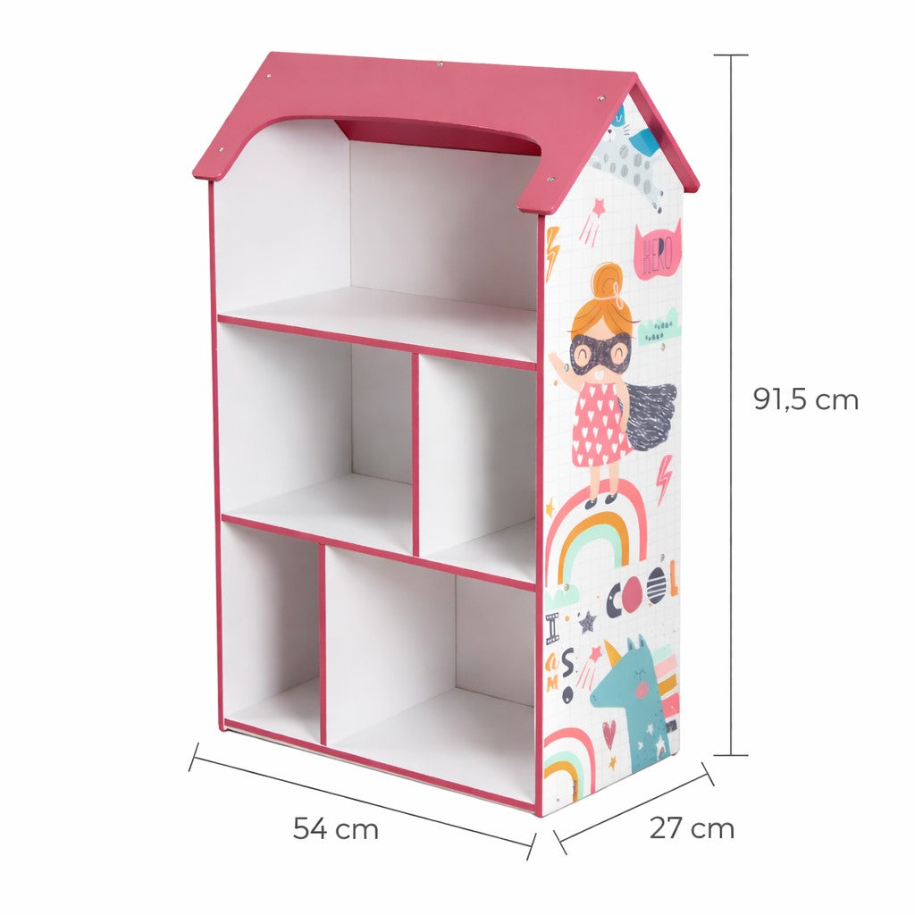 Детска етажерка GINGER HOME - Къщичка SUPER GIRL, Розова за съхранение на играчки и книжки