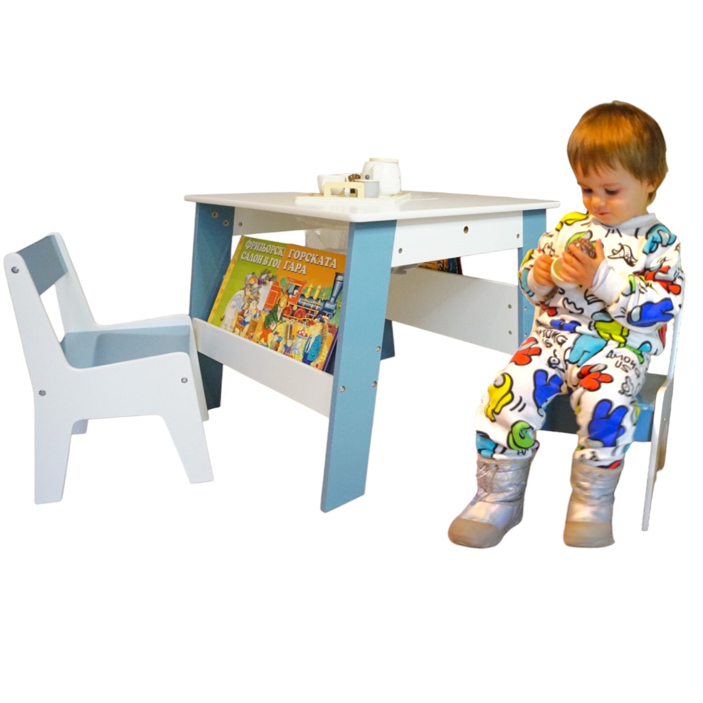 Tavolo in legno per bambini con 2 sedie, con contenitore per giocattoli, giochi di costruzione e libri - Bianco/Blu