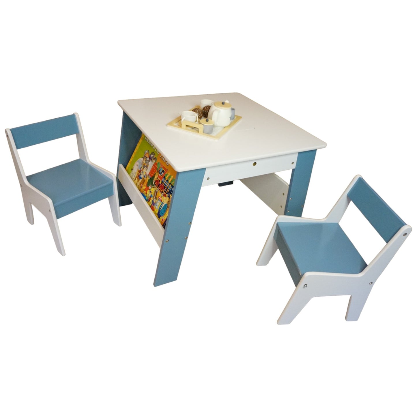 Tavolo in legno per bambini con 2 sedie, con contenitore per giocattoli, giochi di costruzione e libri - Bianco/Blu