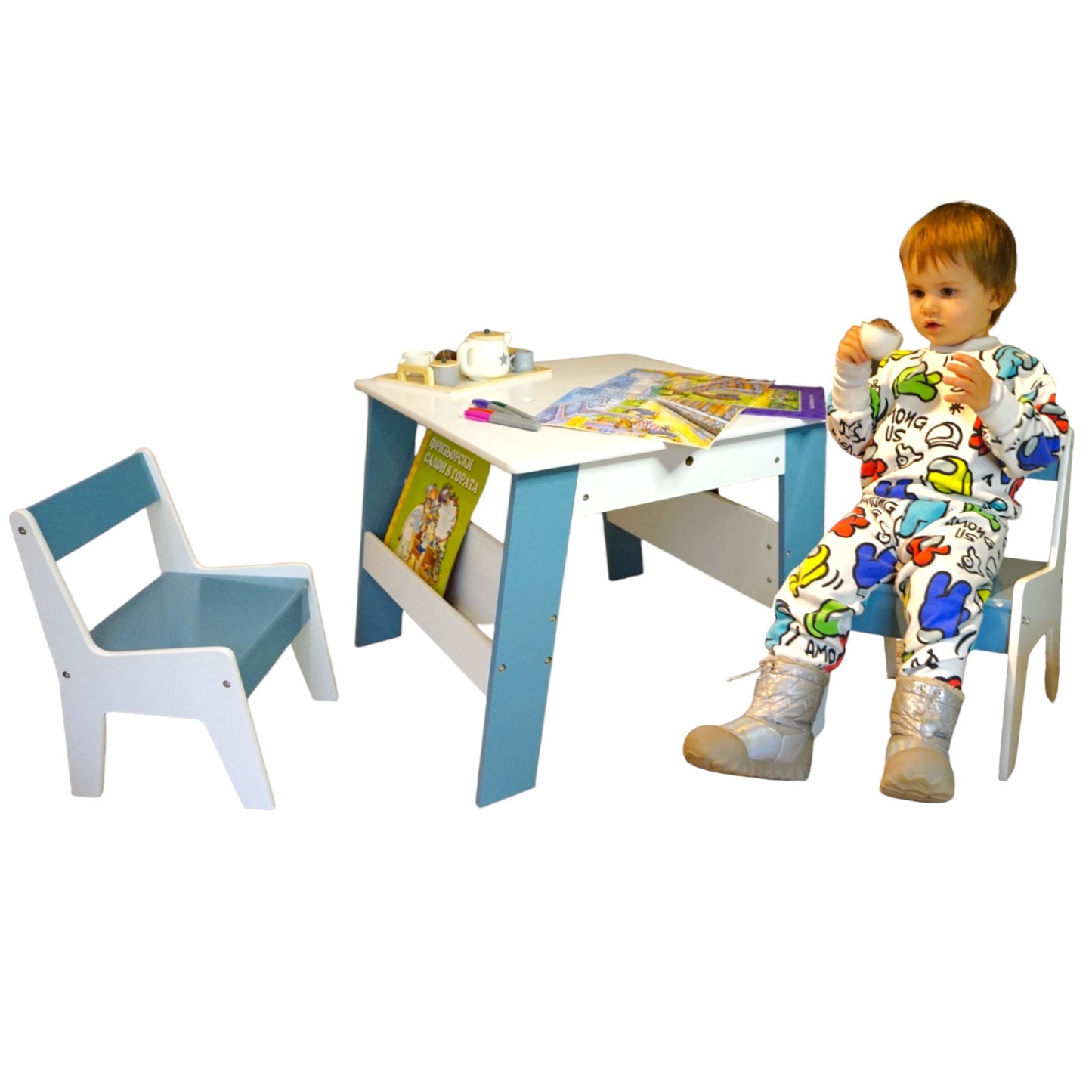 Tavolo in legno per bambini con 2 sedie, con contenitore per giocattoli, giochi di costruzione e libri - Bianco/Blu
