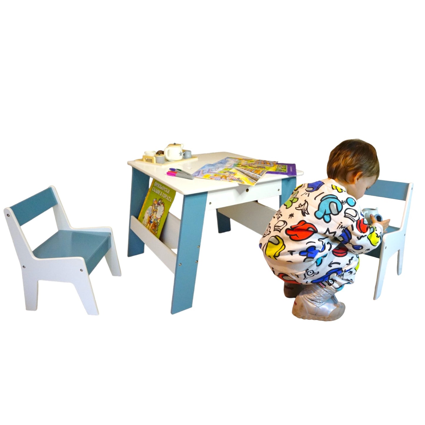 Tavolo in legno per bambini con 2 sedie, con contenitore per giocattoli, giochi di costruzione e libri - Bianco/Blu
