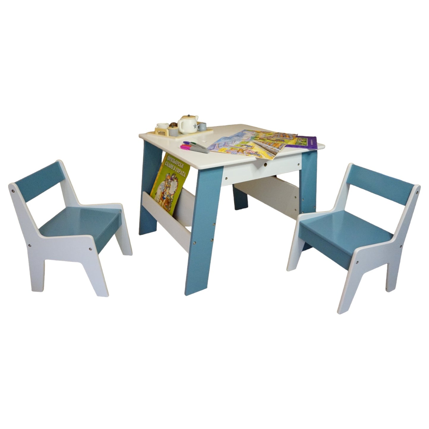 Tavolo in legno per bambini con 2 sedie, con contenitore per giocattoli, giochi di costruzione e libri - Bianco/Blu