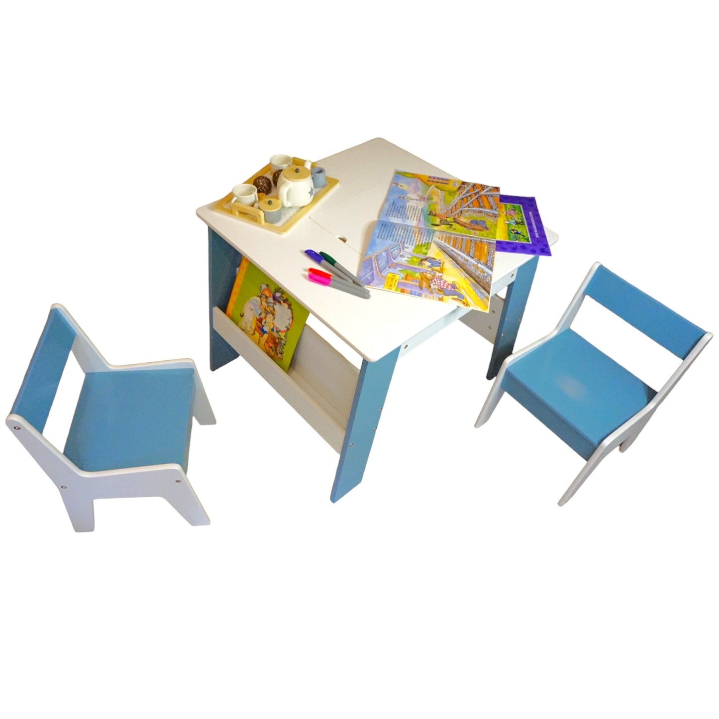Tavolo in legno per bambini con 2 sedie, con contenitore per giocattoli, giochi di costruzione e libri - Bianco/Blu