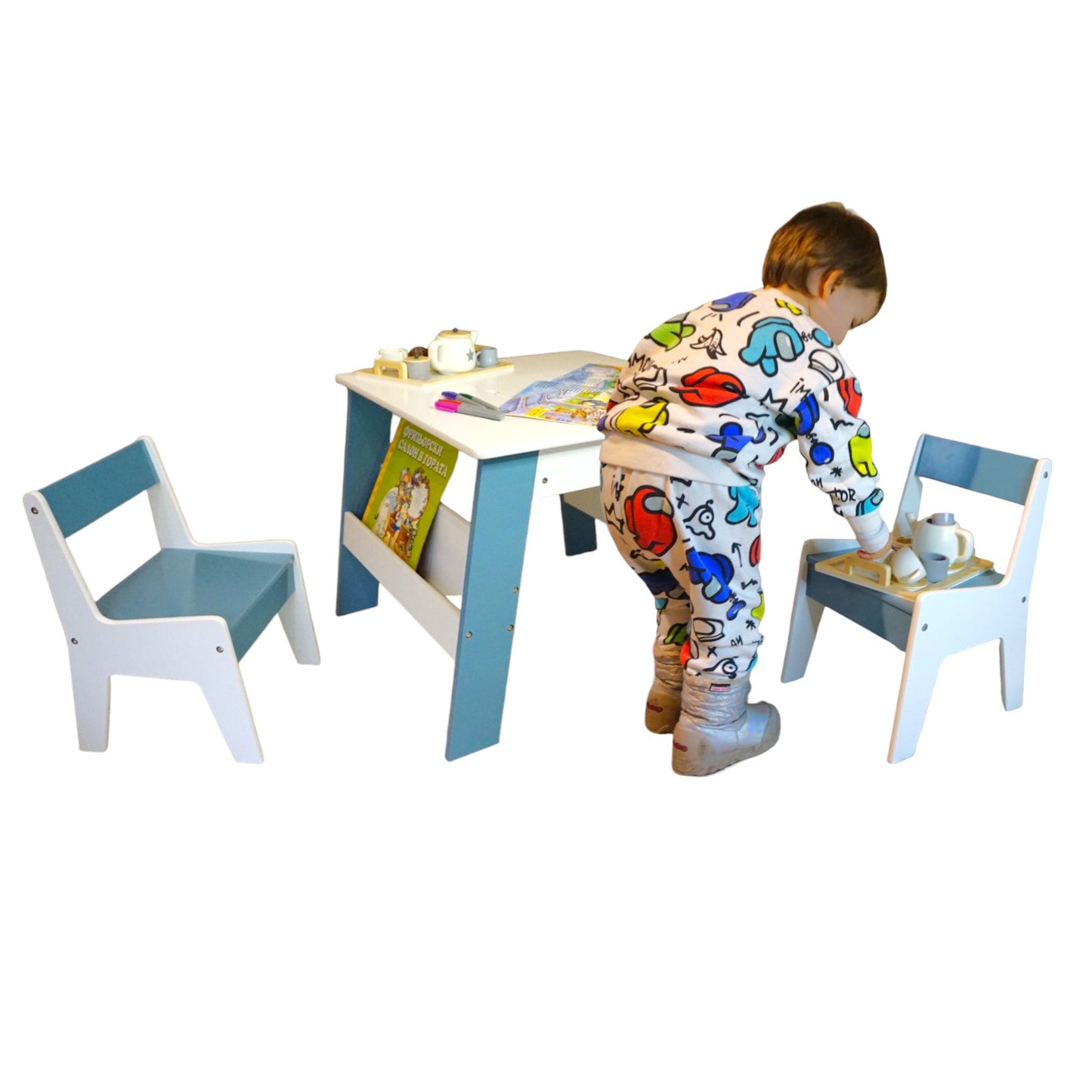 Tavolo in legno per bambini con 2 sedie, con contenitore per giocattoli, giochi di costruzione e libri - Bianco/Blu