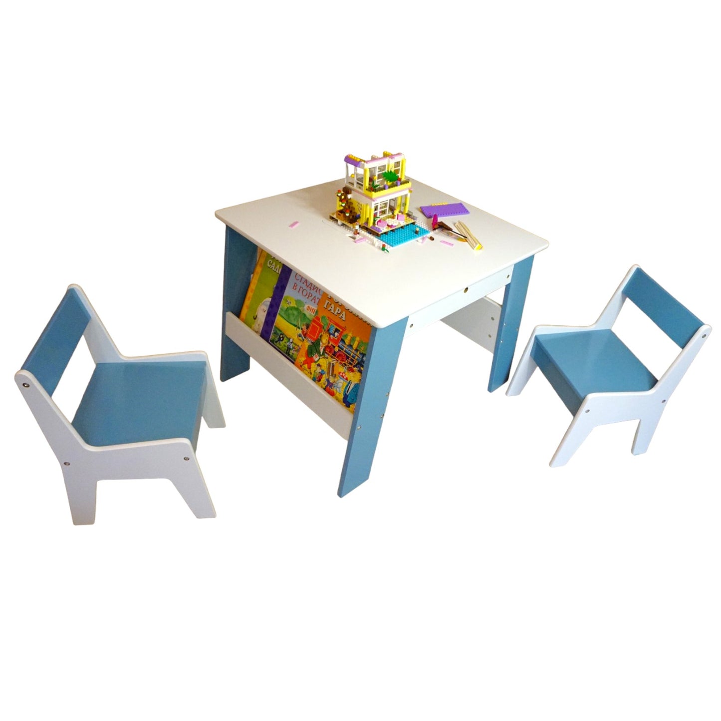 Tavolo in legno per bambini con 2 sedie, con contenitore per giocattoli, giochi di costruzione e libri - Bianco/Blu