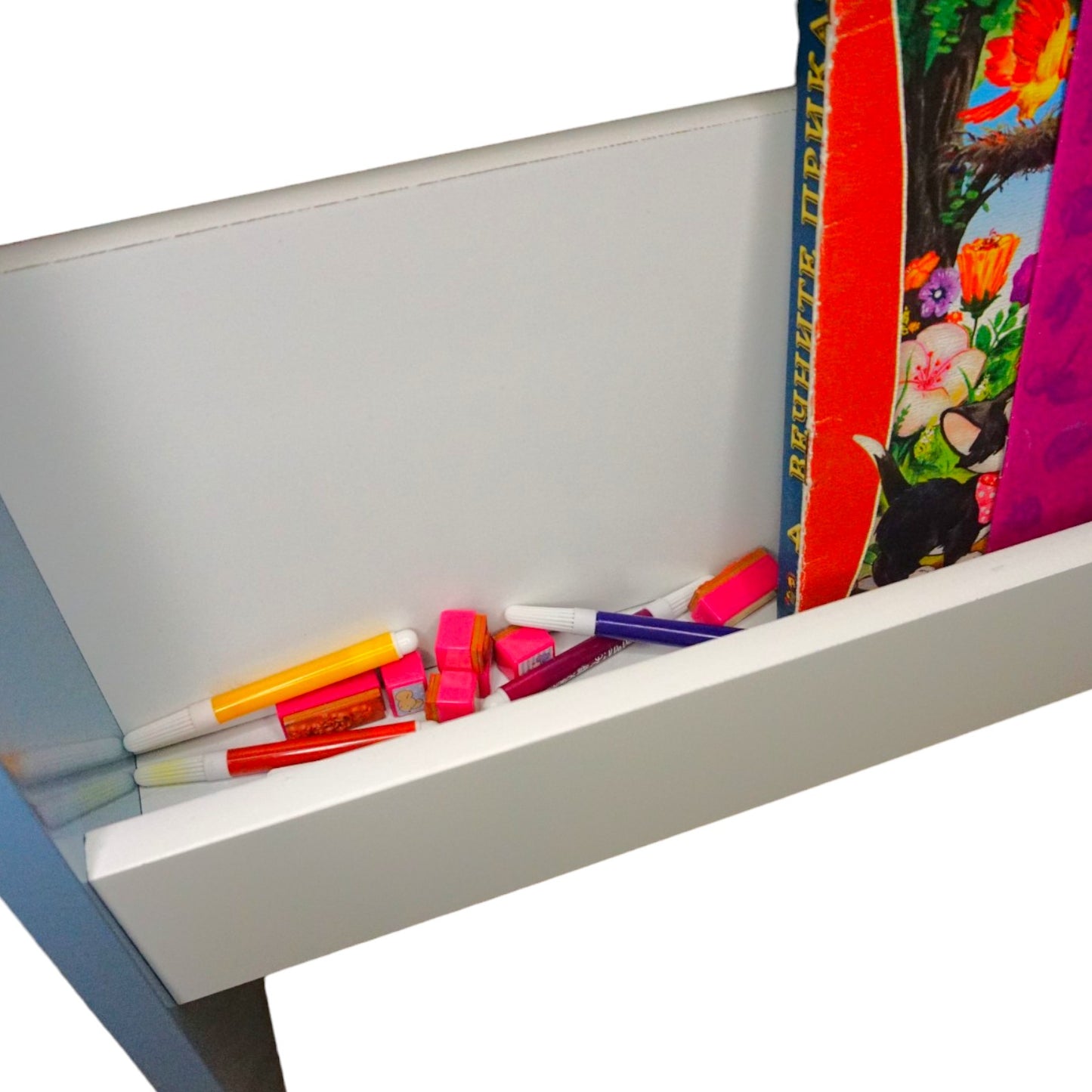 Tavolo in legno per bambini con 2 sedie, con contenitore per giocattoli, giochi di costruzione e libri - Bianco/Blu