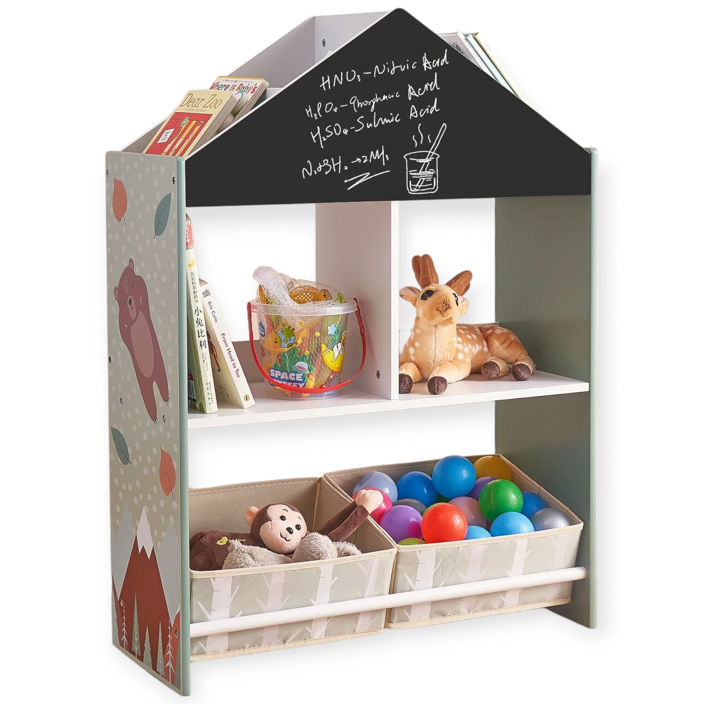 Mobile per Bambini GINGER HOME FOREST – Scaffale per Giocattoli e Libri con Lavagna e Contenitori, Design Casetta con Orsetto