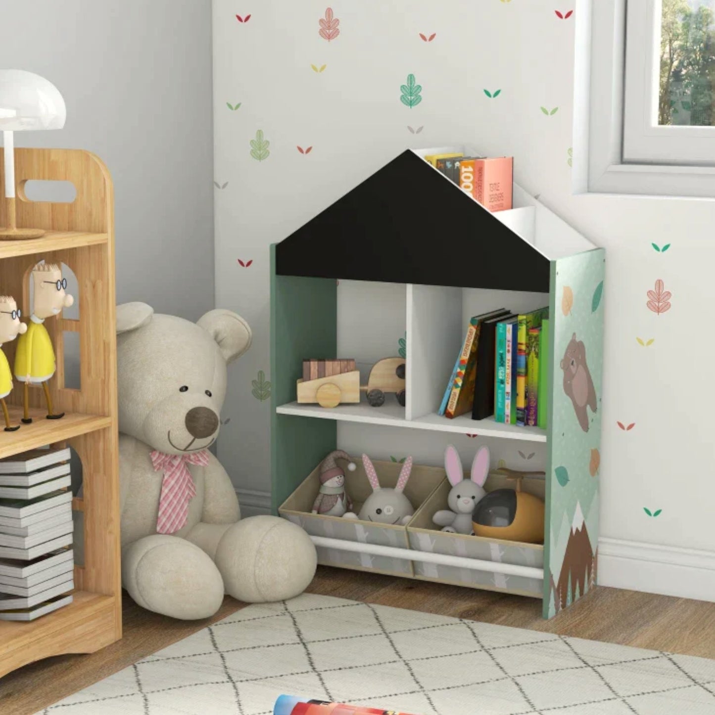 Mobile per Bambini GINGER HOME FOREST – Scaffale per Giocattoli e Libri con Lavagna e Contenitori, Design Casetta con Orsetto