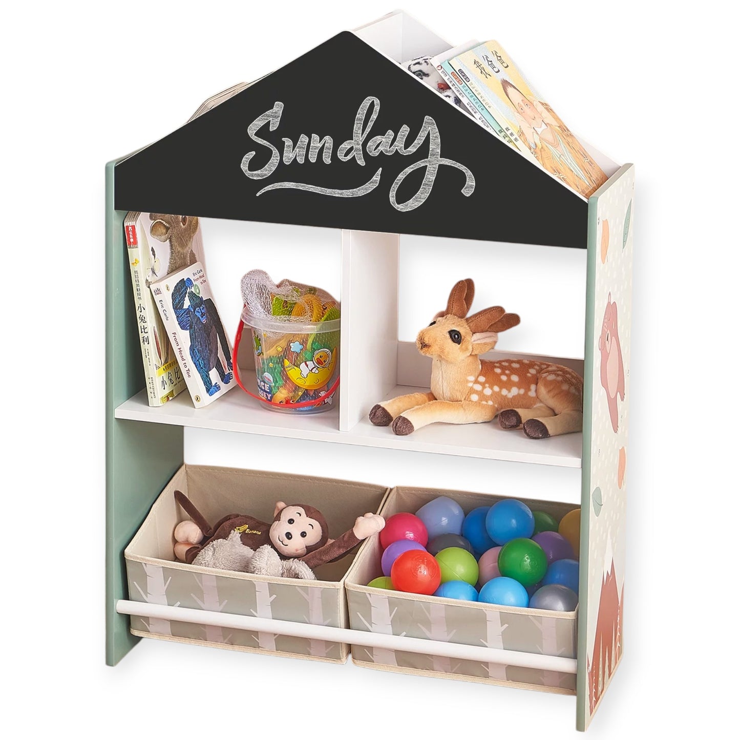 Mobile per Bambini GINGER HOME FOREST – Scaffale per Giocattoli e Libri con Lavagna e Contenitori, Design Casetta con Orsetto