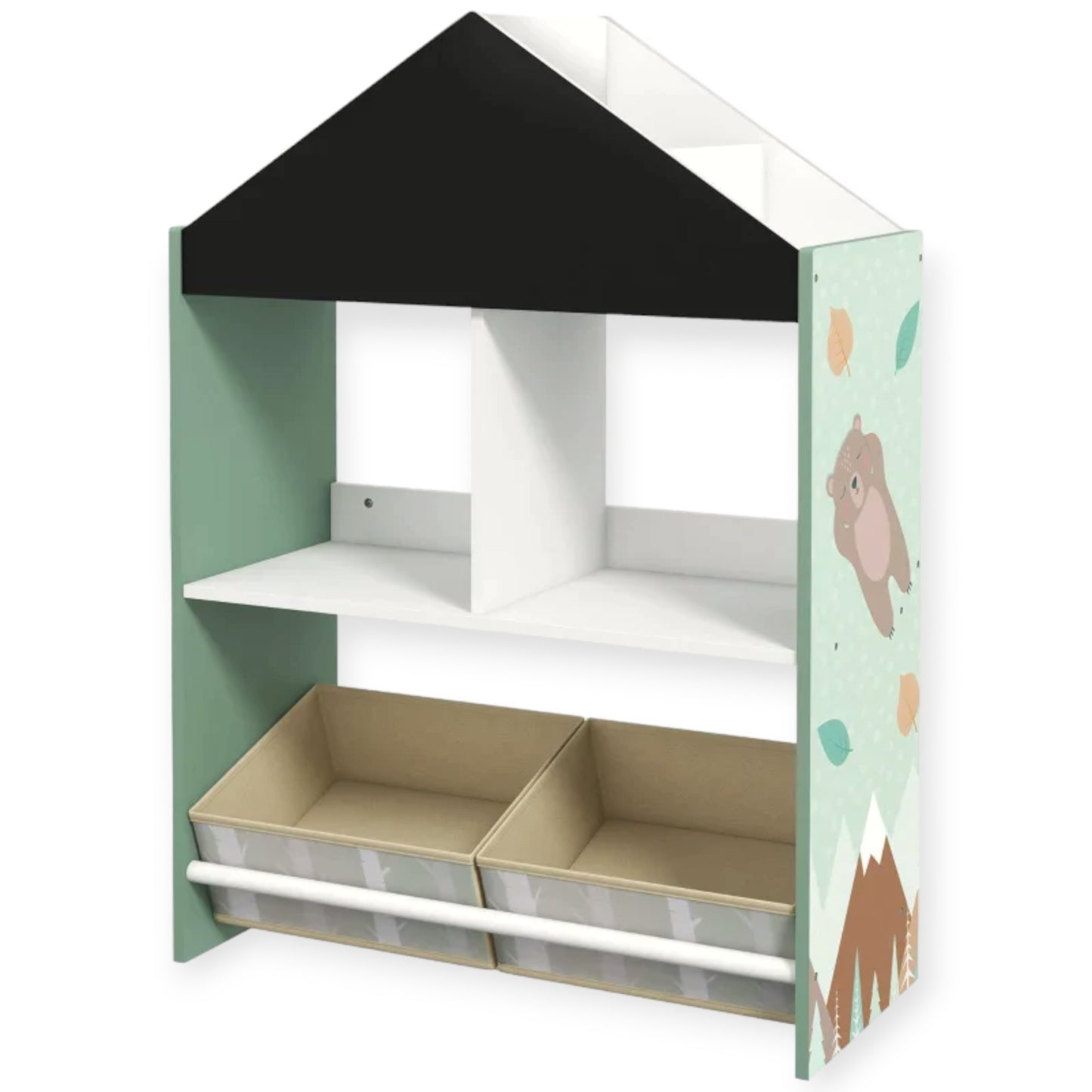 Mobile per Bambini GINGER HOME FOREST – Scaffale per Giocattoli e Libri con Lavagna e Contenitori, Design Casetta con Orsetto