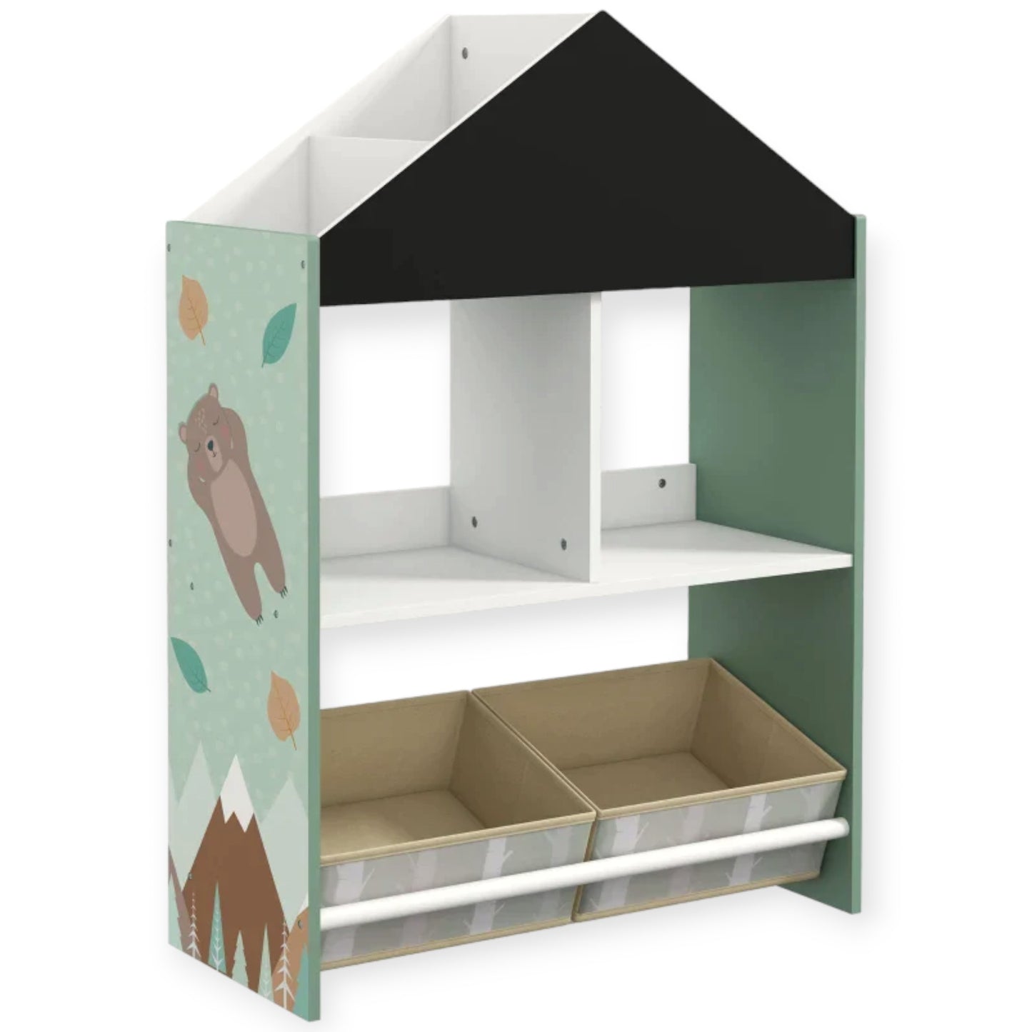 Mobile per Bambini GINGER HOME FOREST – Scaffale per Giocattoli e Libri con Lavagna e Contenitori, Design Casetta con Orsetto