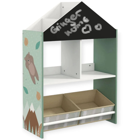 Mobile per Bambini GINGER HOME FOREST – Scaffale per Giocattoli e Libri con Lavagna e Contenitori, Design Casetta con Orsetto