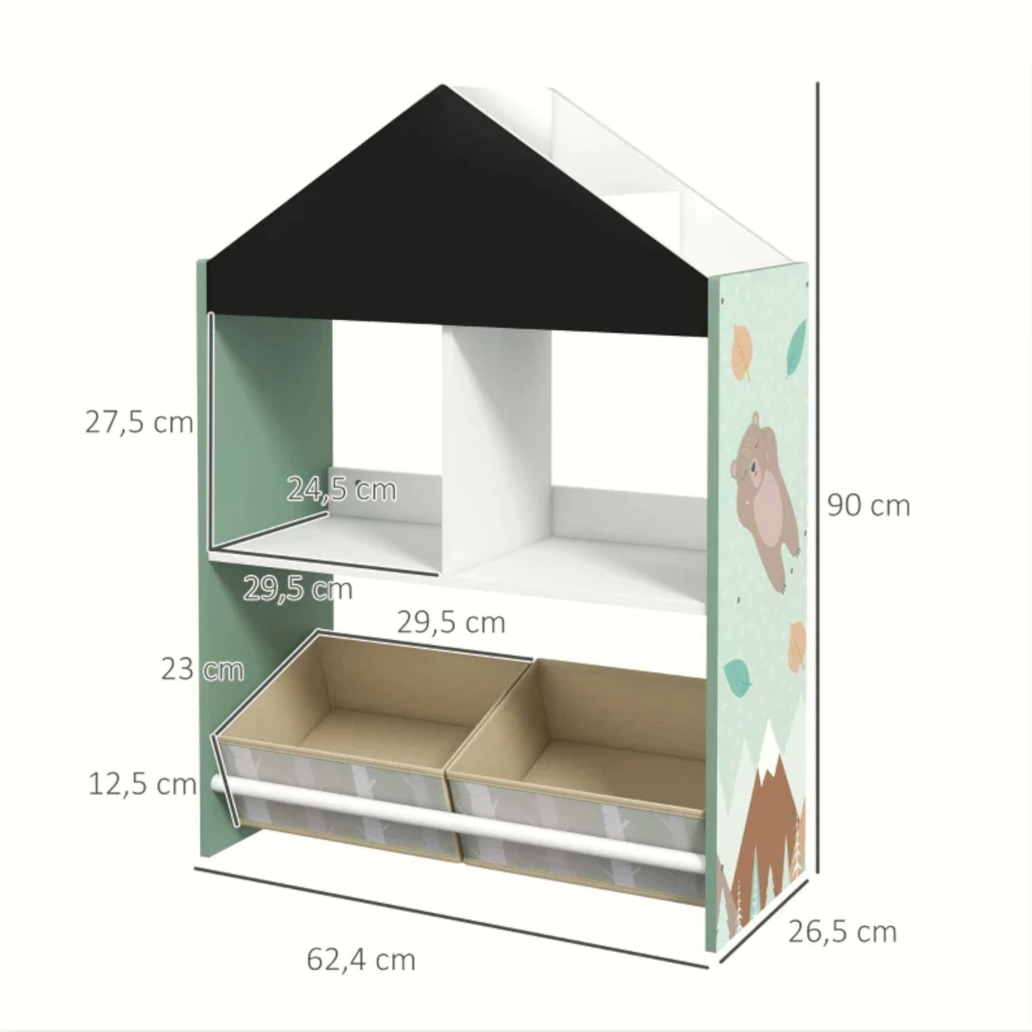 Mobile per Bambini GINGER HOME FOREST – Scaffale per Giocattoli e Libri con Lavagna e Contenitori, Design Casetta con Orsetto