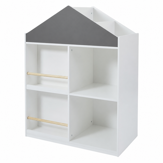 Scaffale per Giocattoli e Libri per Bambini GINGER HOME a Forma di Casetta con Lavagna, Montessori, Bianco, 72.5×40×95.8 cm