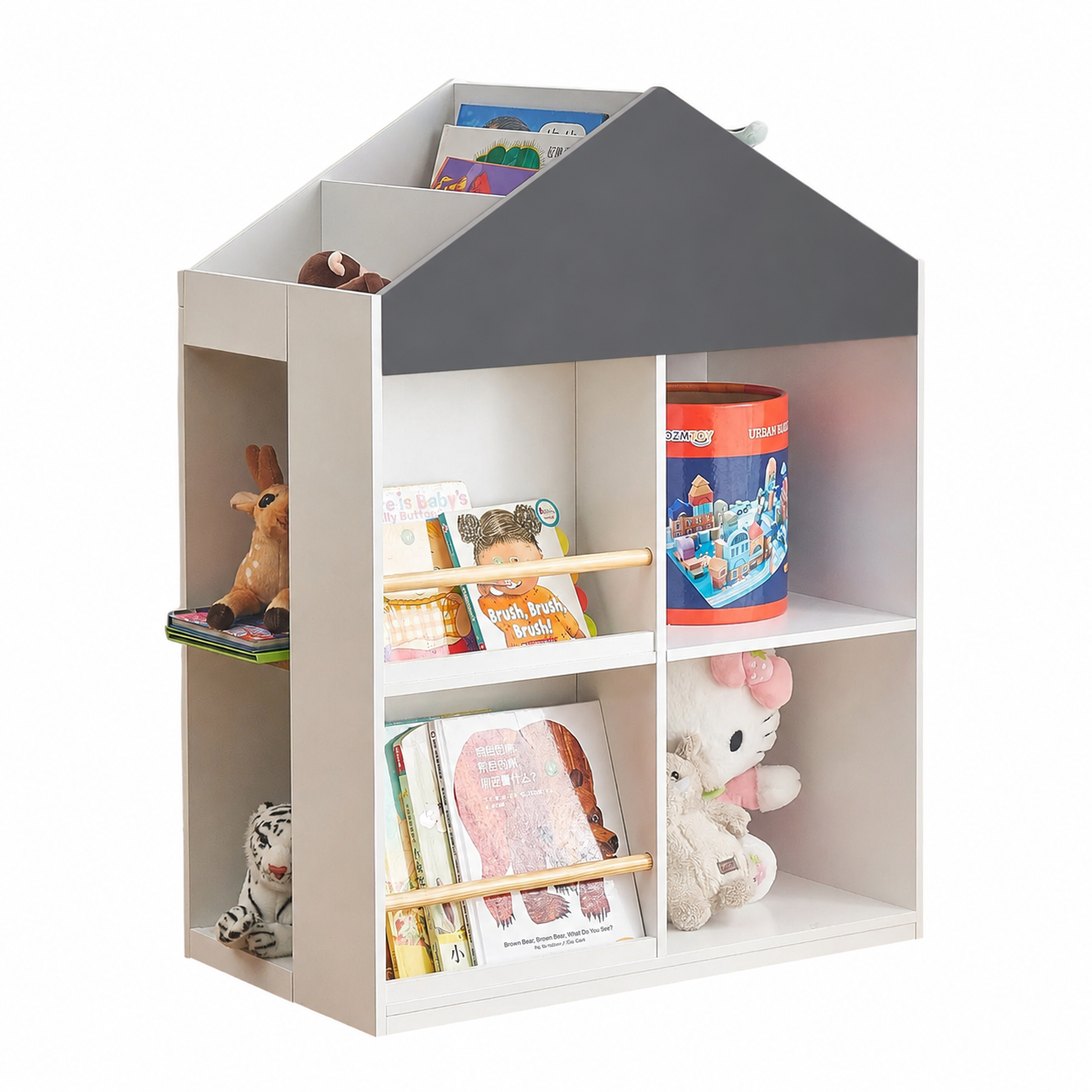 Scaffale per Giocattoli e Libri per Bambini GINGER HOME a Forma di Casetta con Lavagna, Montessori, Bianco, 72.5×40×95.8 cm