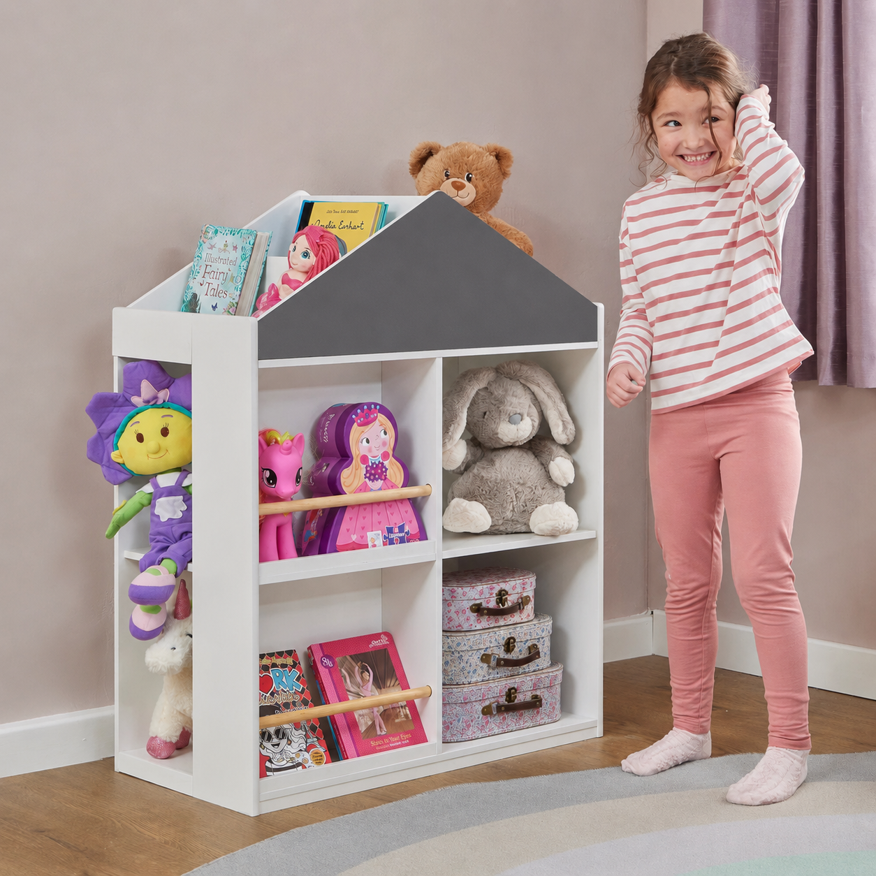 Scaffale per Giocattoli e Libri per Bambini GINGER HOME a Forma di Casetta con Lavagna, Montessori, Bianco, 72.5×40×95.8 cm