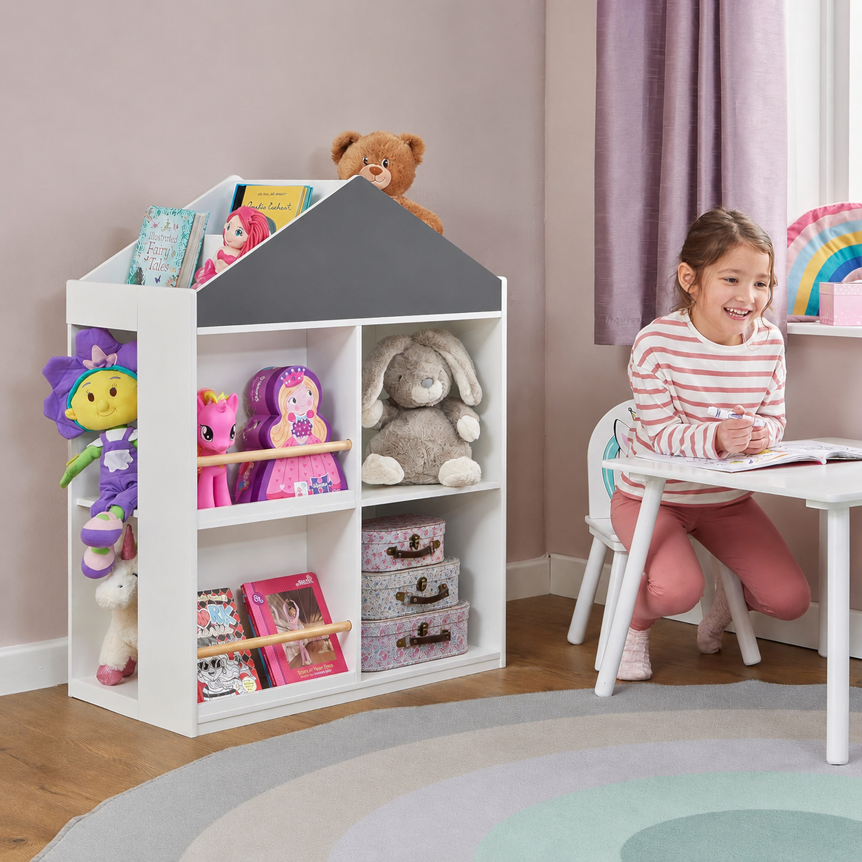 Scaffale per Giocattoli e Libri per Bambini GINGER HOME a Forma di Casetta con Lavagna, Montessori, Bianco, 72.5×40×95.8 cm