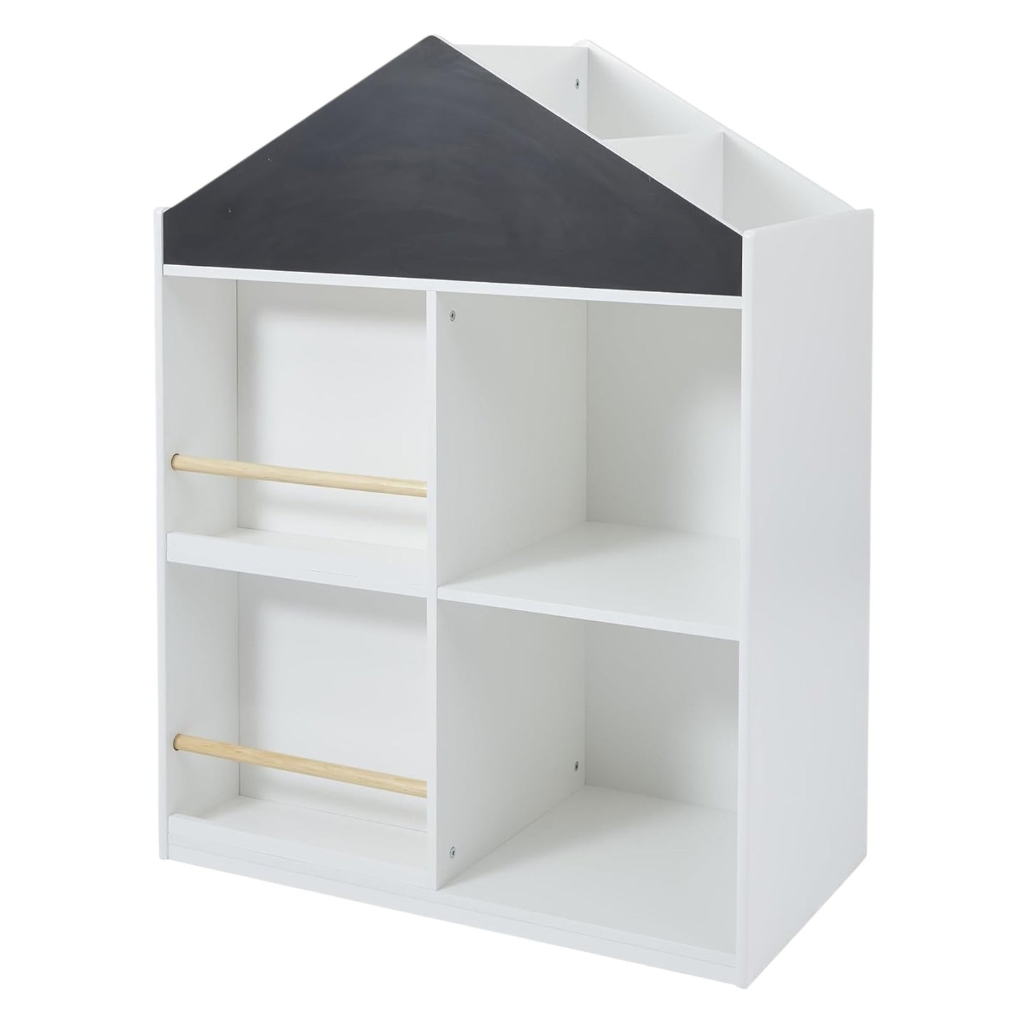 Scaffale per Giocattoli e Libri per Bambini GINGER HOME a Forma di Casetta con Lavagna, Montessori, Bianco, 72.5×40×95.8 cm