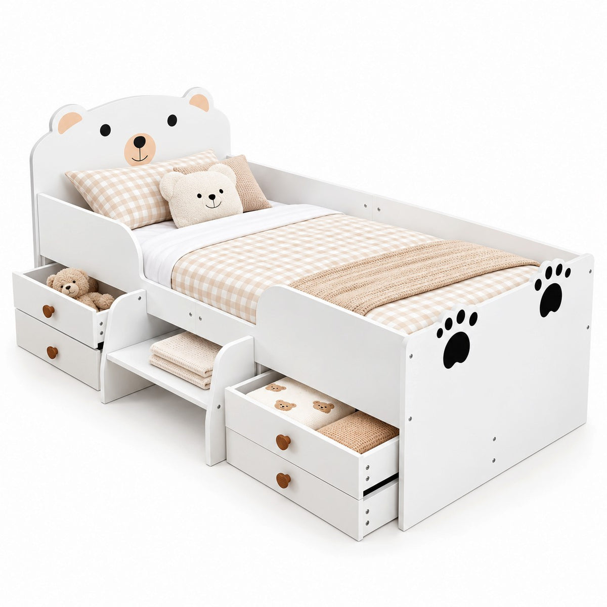 Детско Легло Мече GINGER HOME, Бяло, с Чекмеджета и Подматрачна Рамка, 90×153×74 см