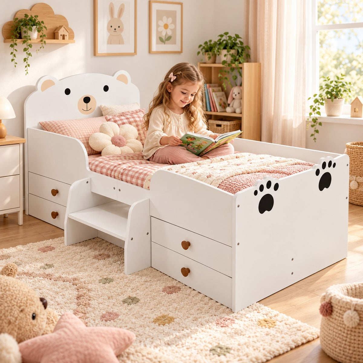 Детско Легло Мече GINGER HOME, Бяло, с Чекмеджета и Подматрачна Рамка, 90×153×74 см