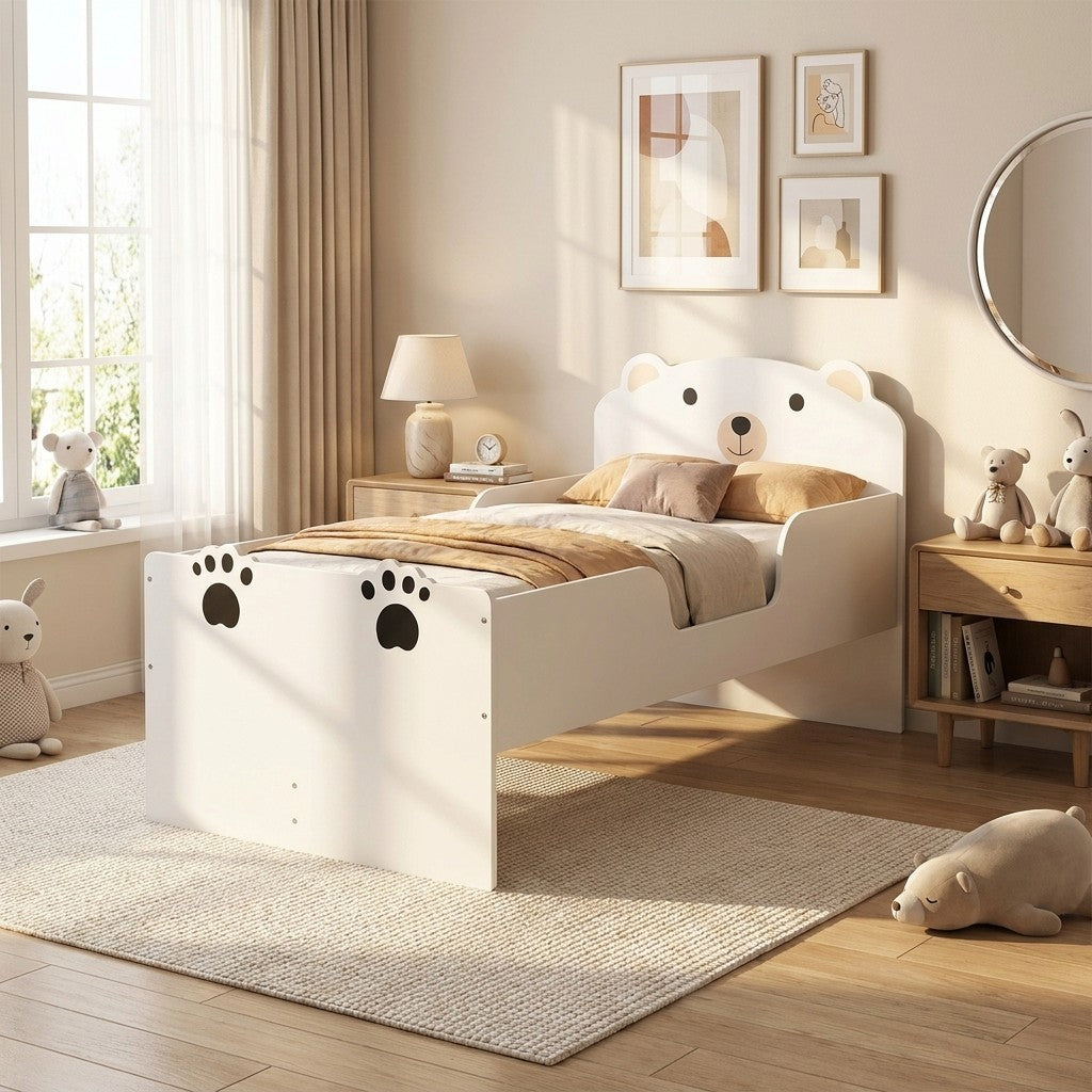 Детско Легло Мече GINGER HOME, Бяло, с Чекмеджета и Подматрачна Рамка, 90×153×74 см