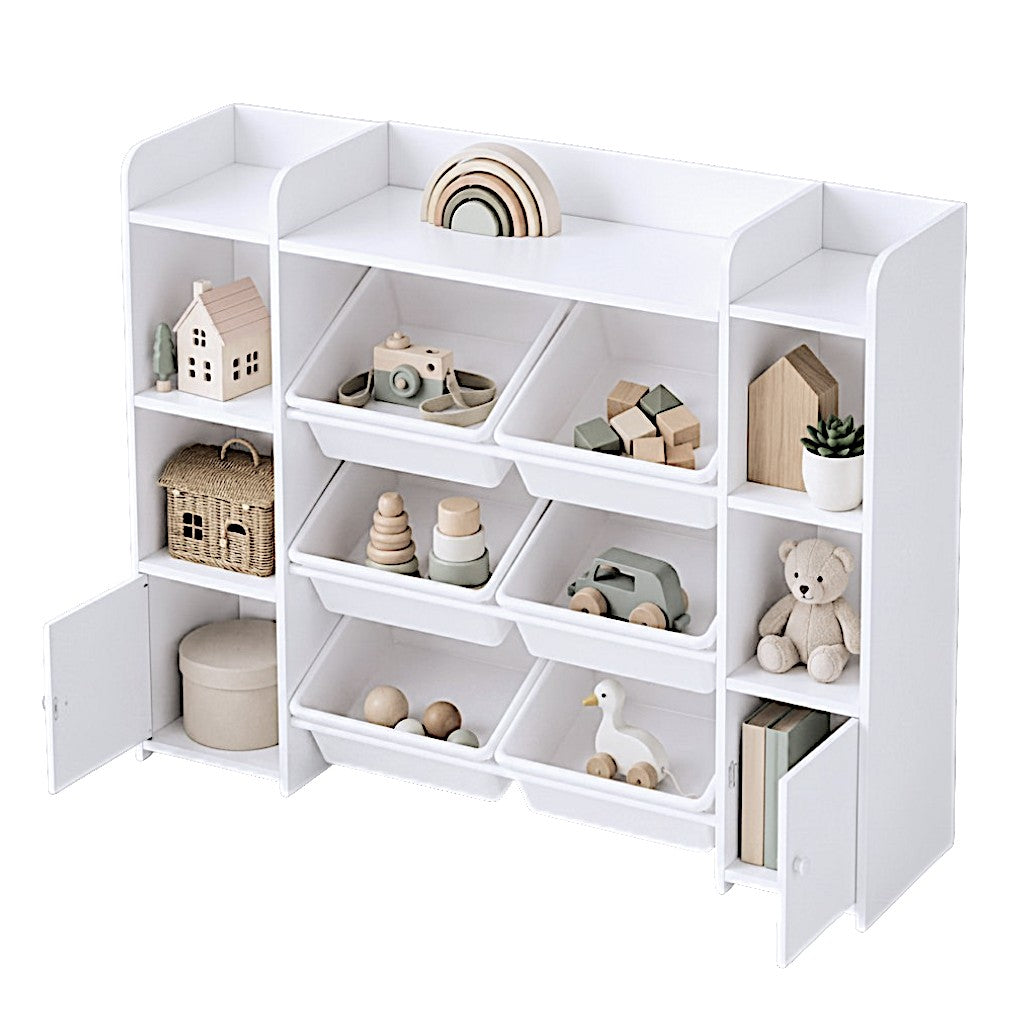 Голям Детски Органайзер GINGER HOME, Бяла Етажерка за Играчки и Книги с 8 Кутии за Съхранение и 2 Шкафа, 141.5x100x30 см