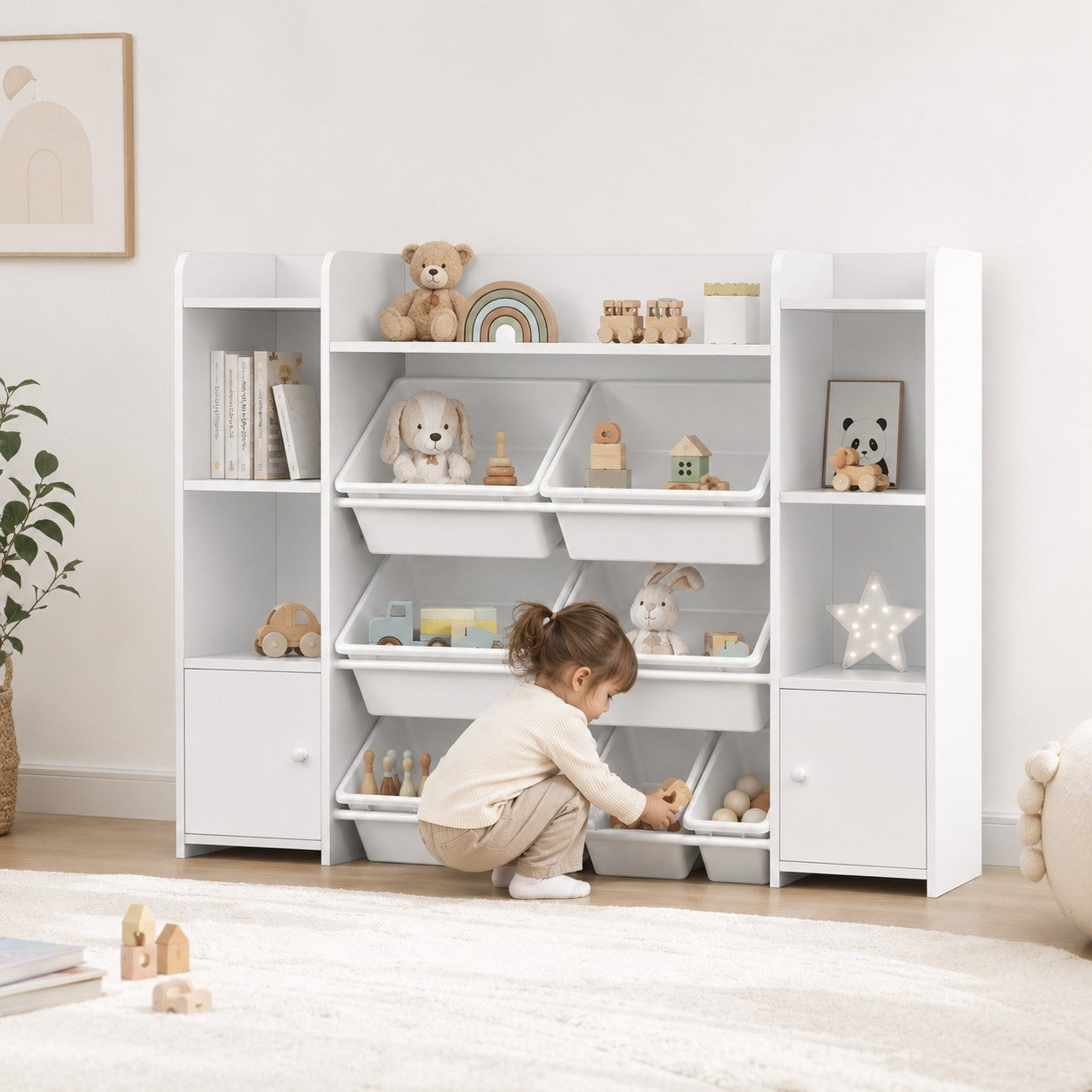 Голям Детски Органайзер GINGER HOME, Бяла Етажерка за Играчки и Книги с 8 Кутии за Съхранение и 2 Шкафа, 141.5x100x30 см