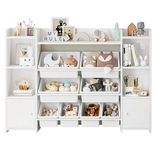 Бял детски органайзер GINGER HOME с 8 кутии, рафтове за книги и подредени играчки на бял фон
