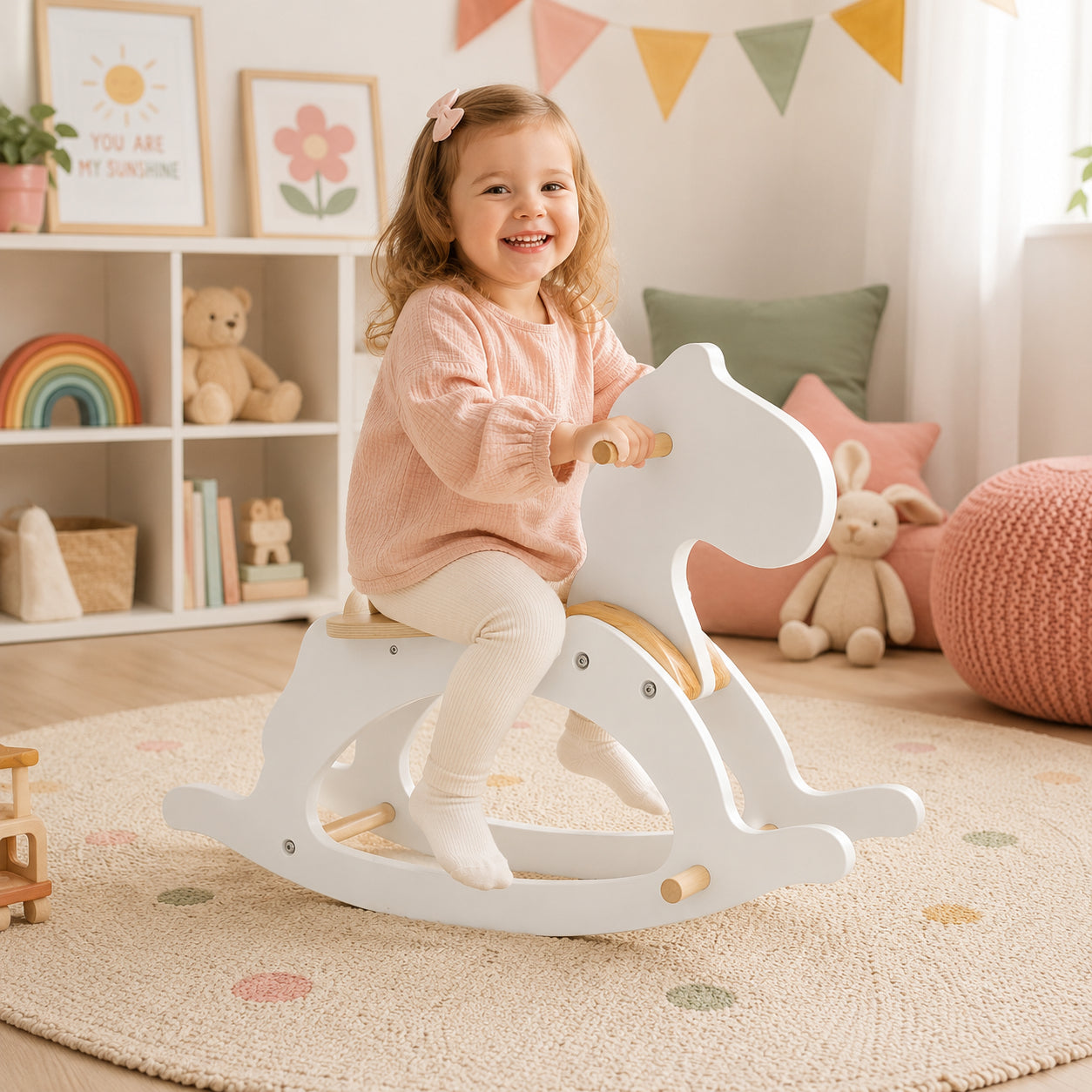Момиченце играе с бяло дървено конче за люлеене GINGER HOME в детска стая