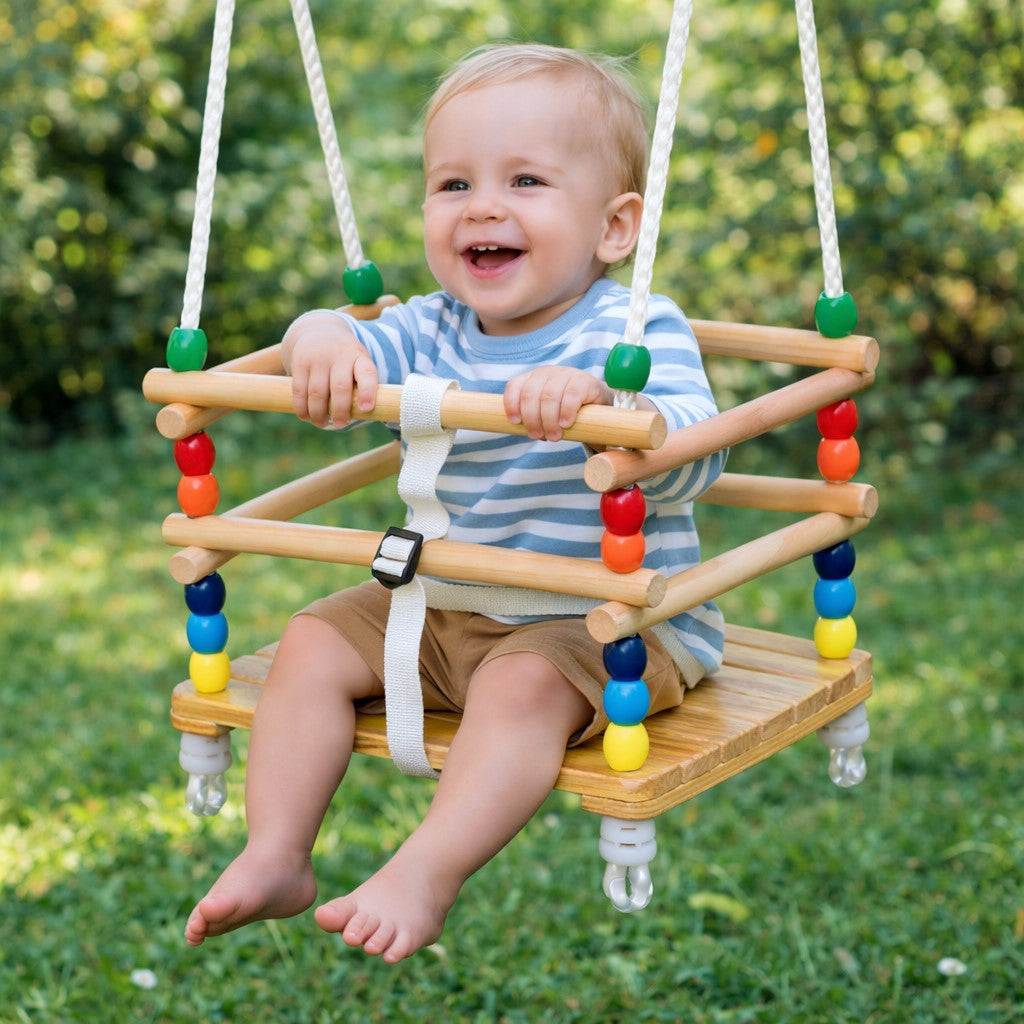 Бебешка люлка GINGER HOME с предпазни бордове и регулируем колан, дете по време на игра