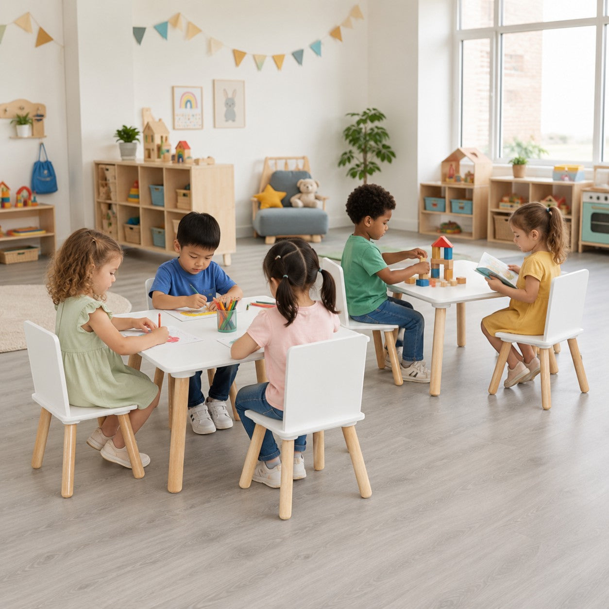 Деца използват бели детски столчета GINGER HOME за рисуване, четене и игри в детска занималня