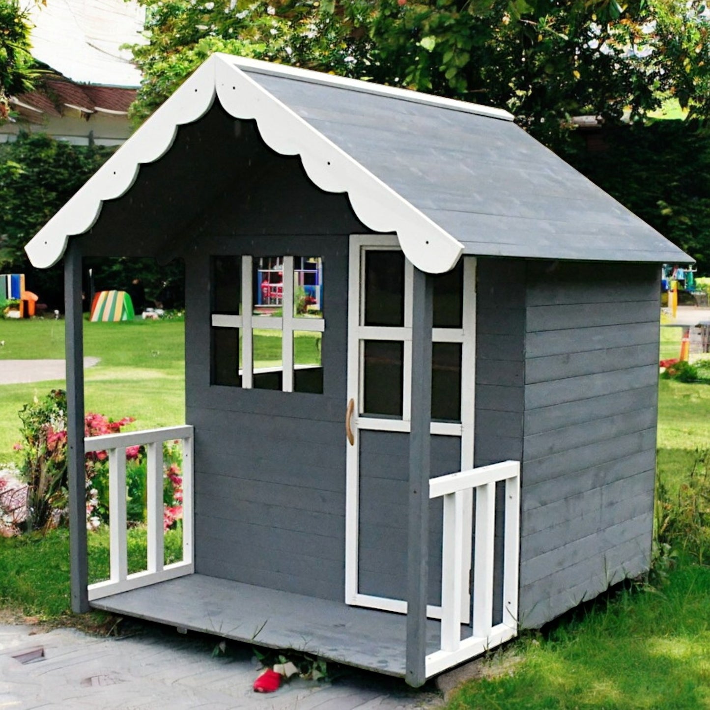 Дървена Детска Къща GINGER HOME, 139x143.5x149 см, за Игри на Открито в Двора и Градината