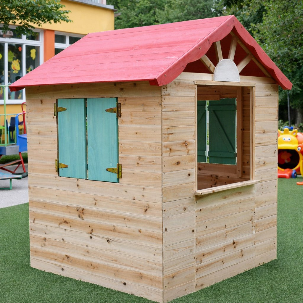 Страничен изглед на детска дървена къщичка за игра на открито