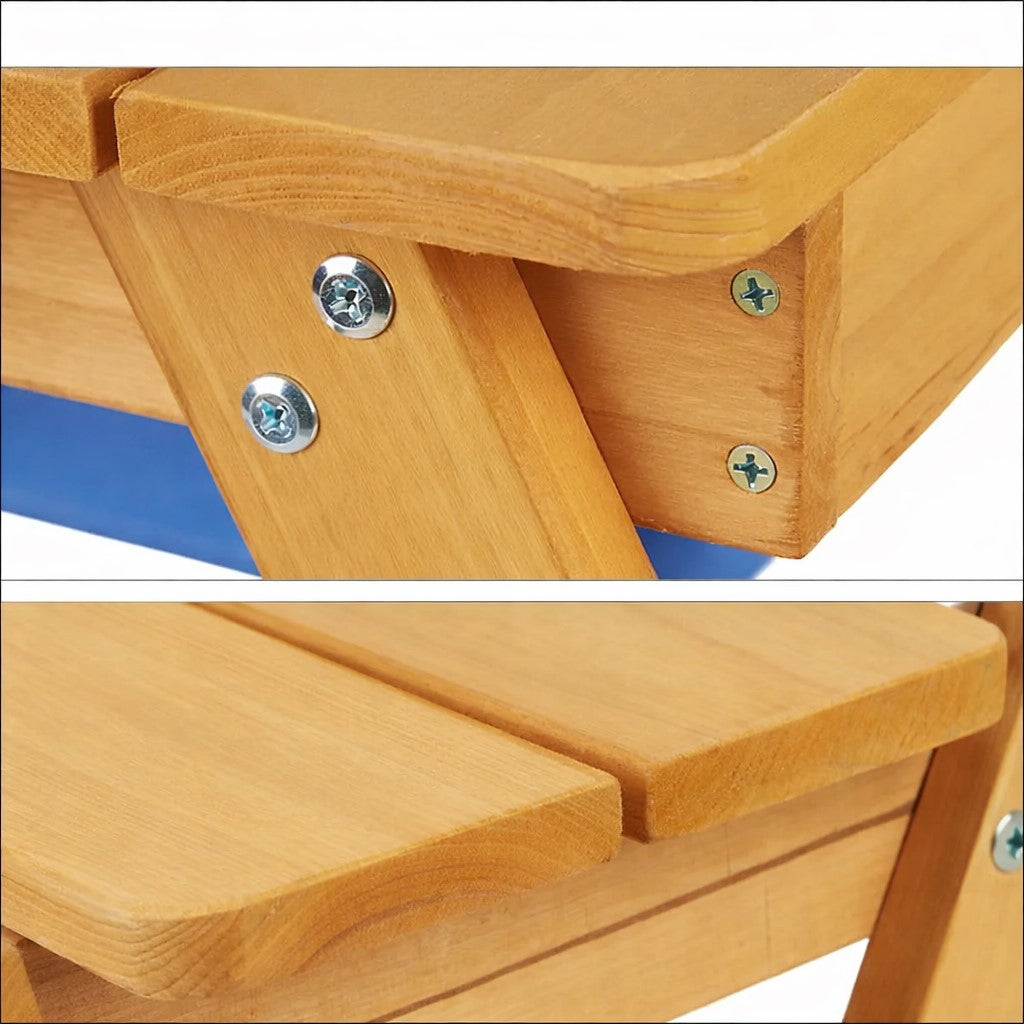 Детайл от дървената конструкция на детска маса с пейки