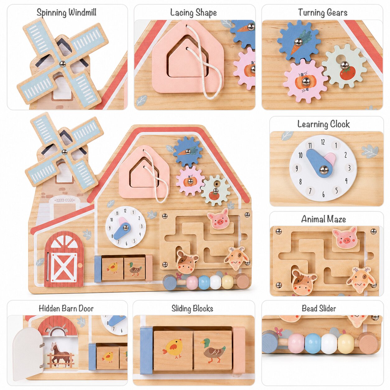 Дървен бизи борд ферма GINGER HOME с мелница, часовник, зъбни колела, лабиринт, мъниста и животни